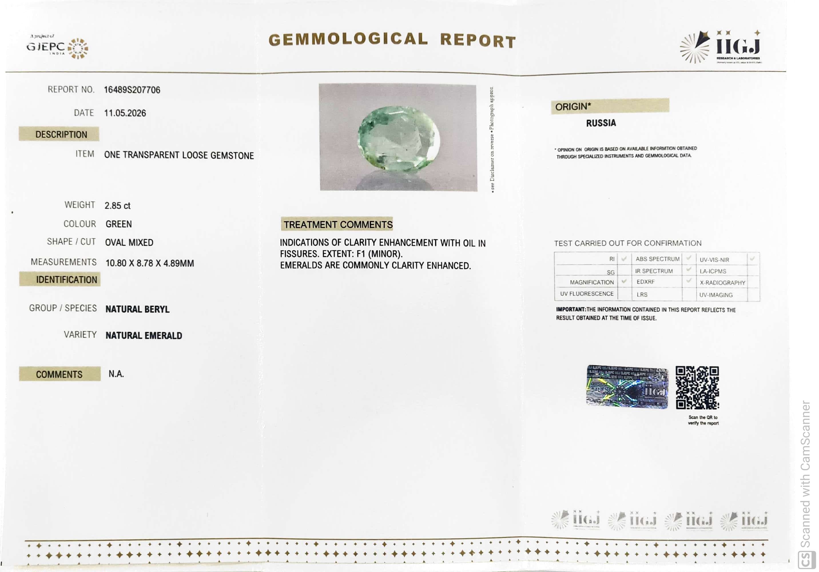 2.85/CT Natural Panna Stone with Govt. Lab Certificate-16489S207706