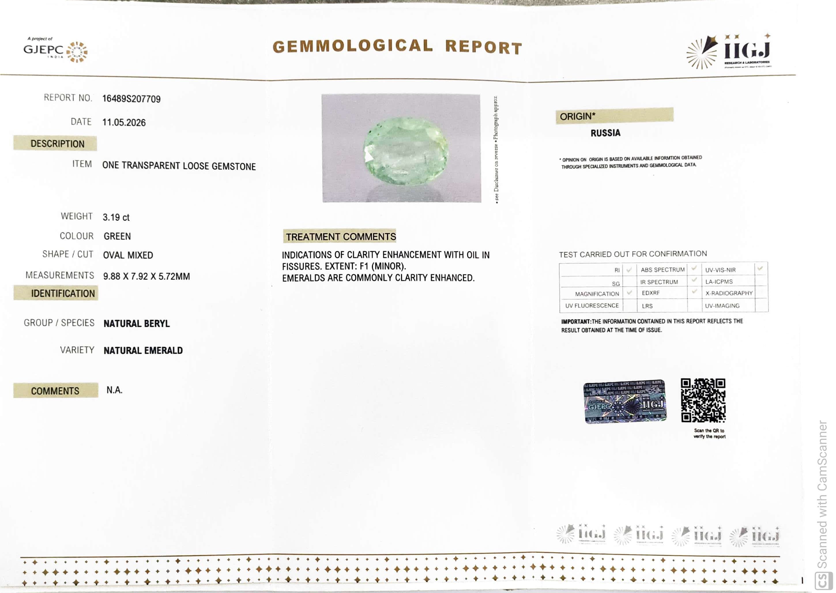 3.19/CT Natural Panna Stone with Govt. Lab Certificate-16489S207709
