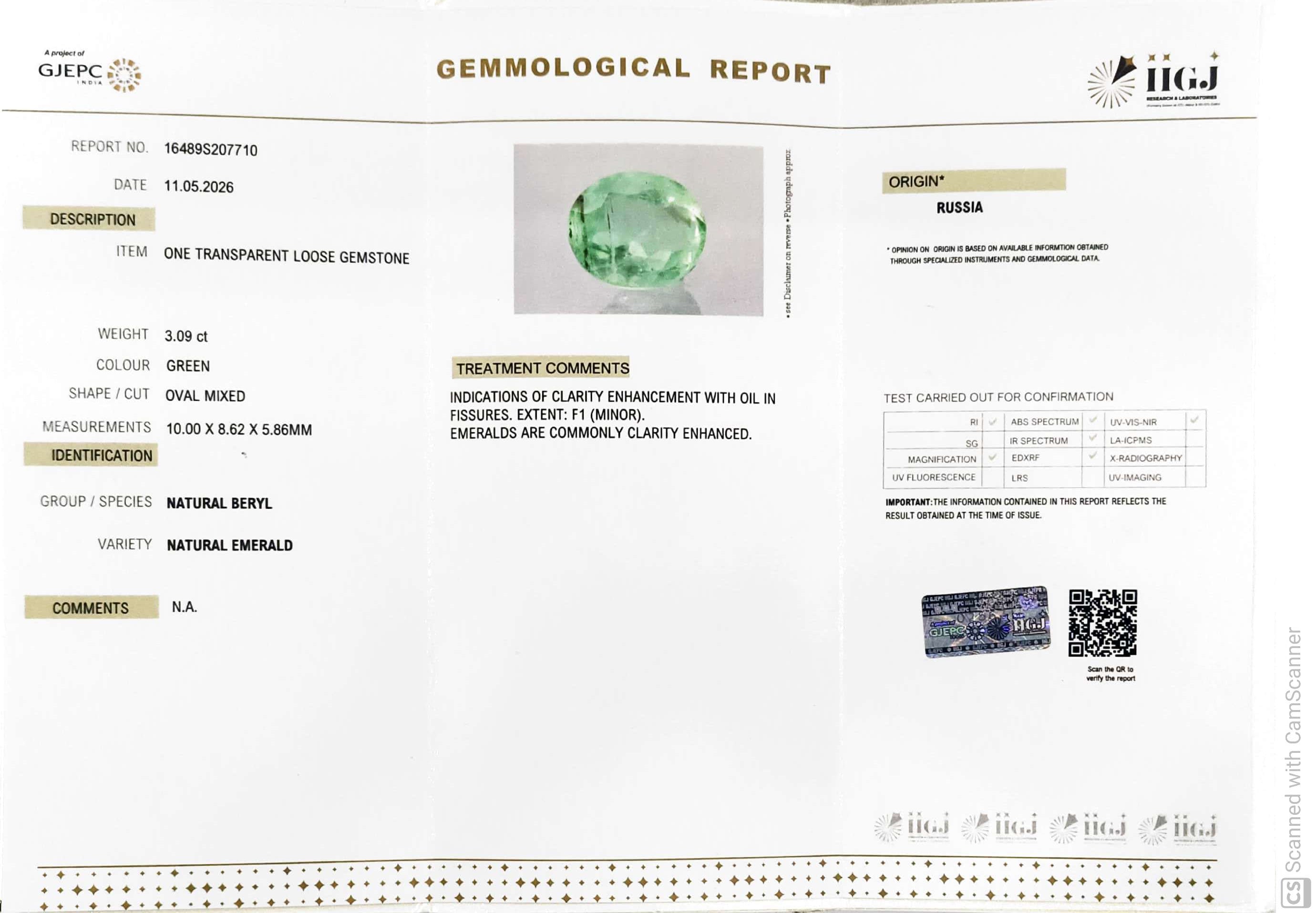 3.09/CT Natural Panna Stone with Govt. Lab Certificate-16489S207710