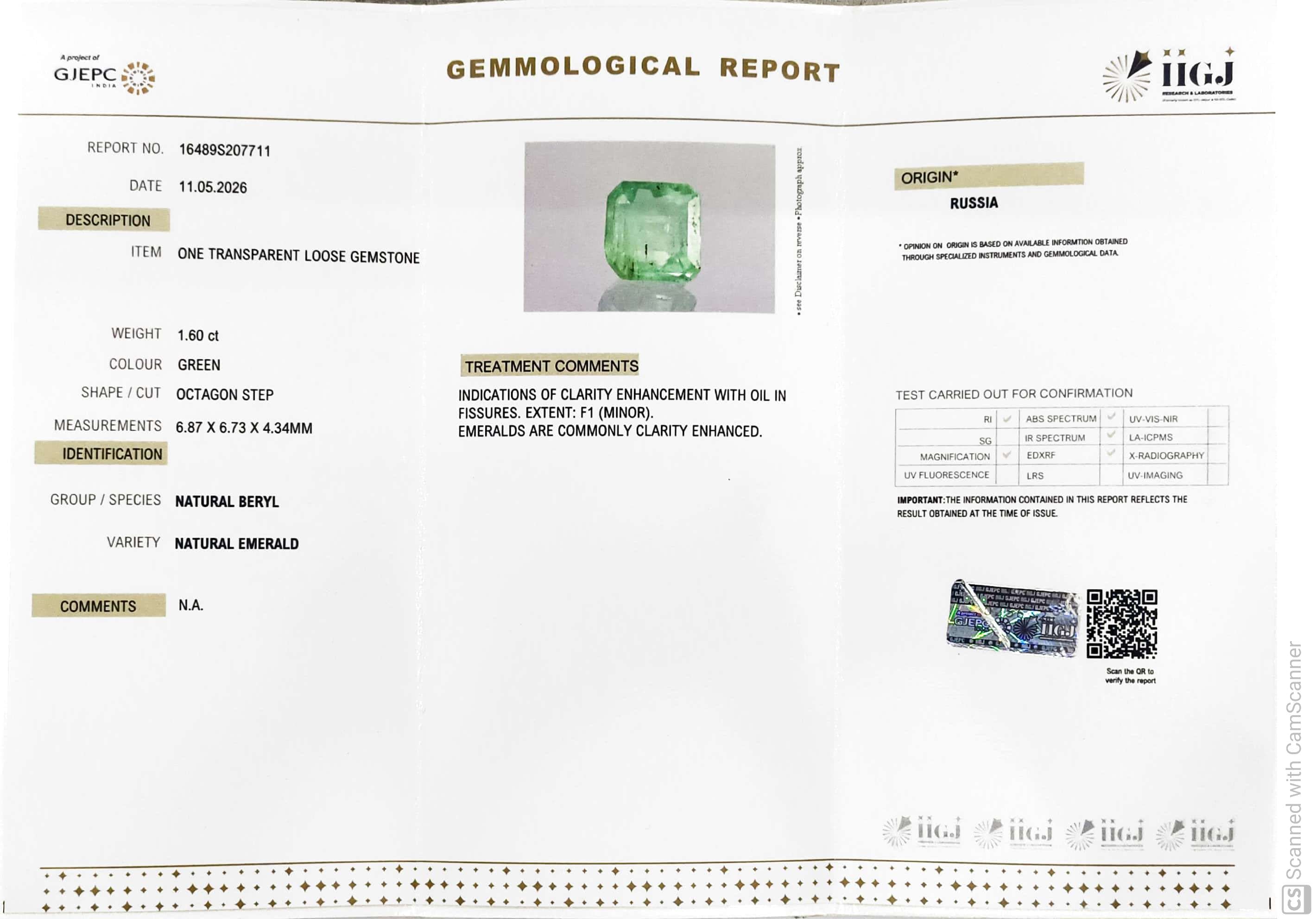 1.6/CT Natural Panna Stone with Govt. Lab Certificate-16489S207711