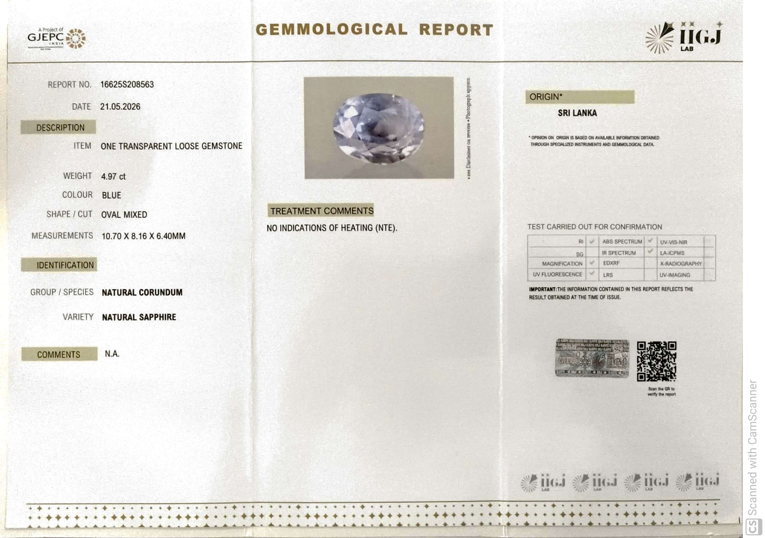 4.97/CT Natural Blue Sapphire with Govt Lab Certificate-16625S208563