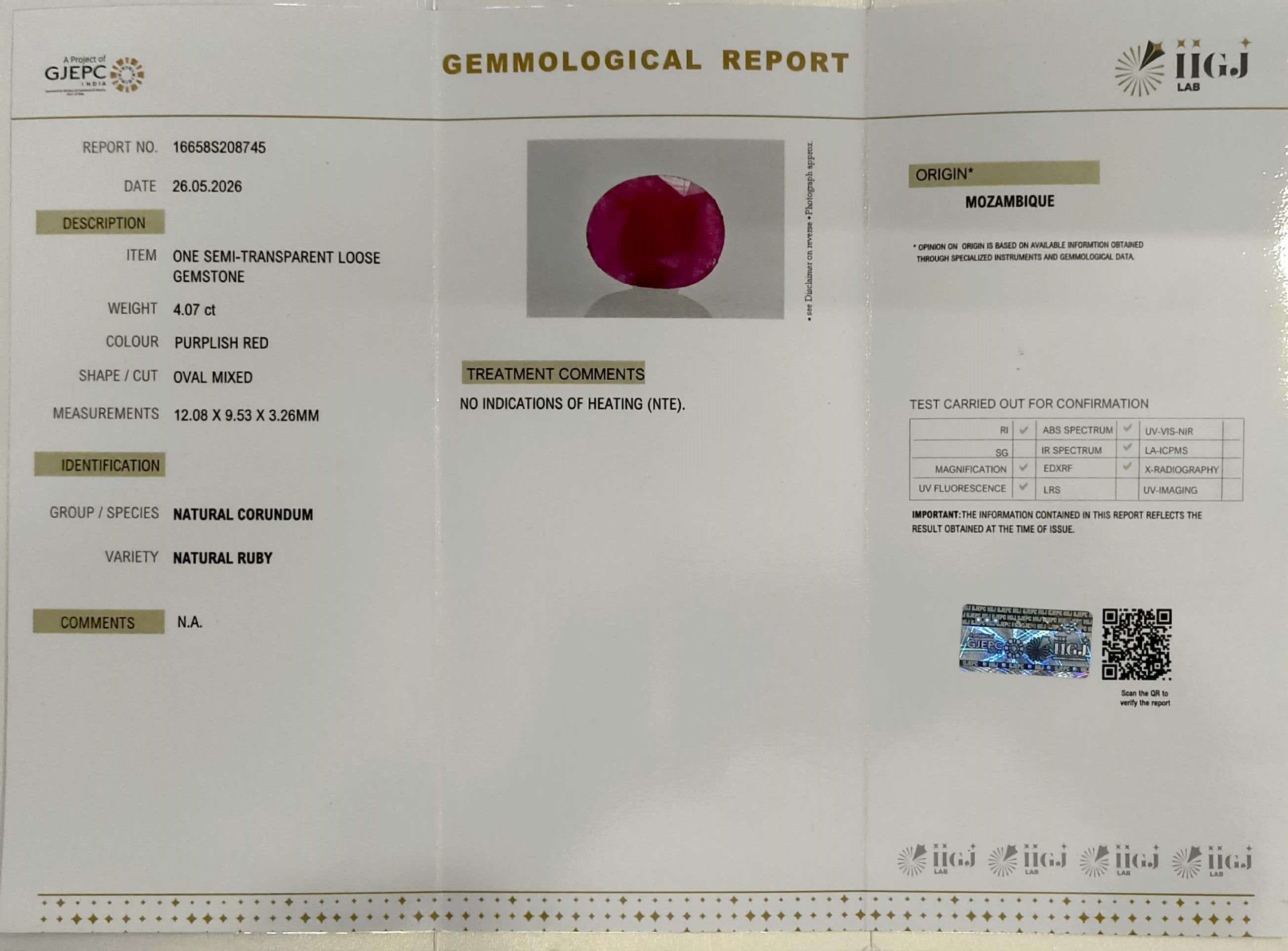 4.07/CT Natural Ruby Stone with Govt. Lab Certificate-16658S208745