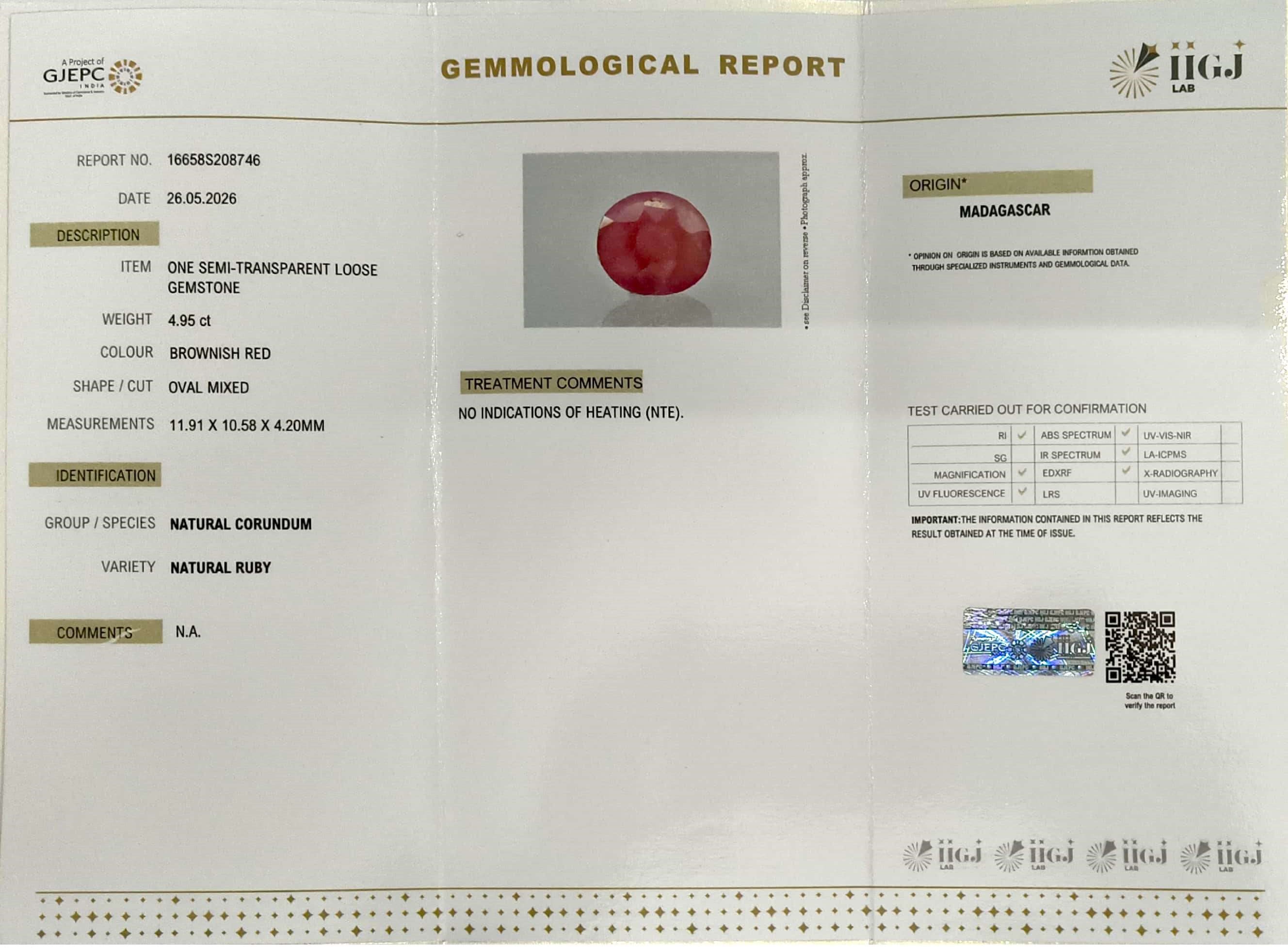 4.95/CT Natural Ruby Stone with Govt. Lab Certificate-16658S208746