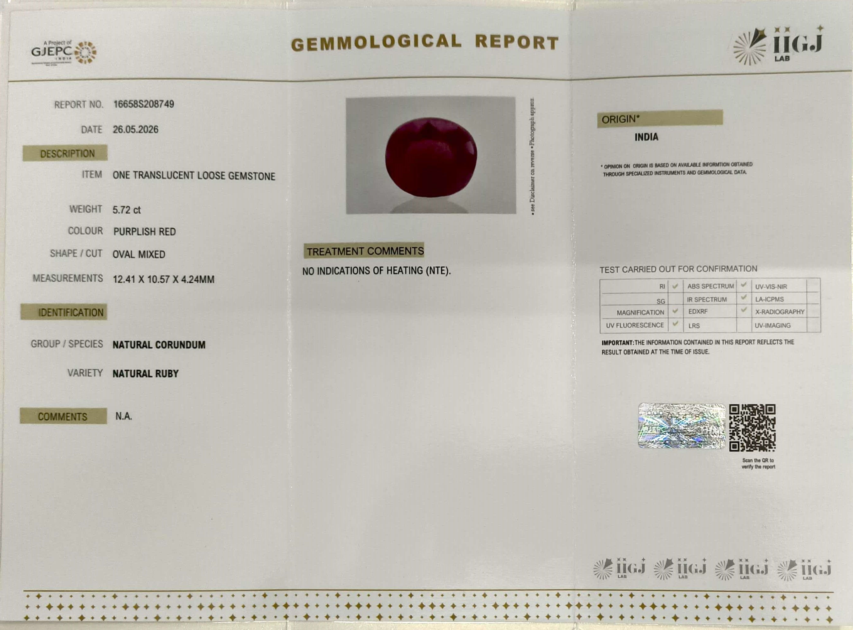 5.72/CT Natural Ruby Stone with Govt. Lab Certificate-16658S208749