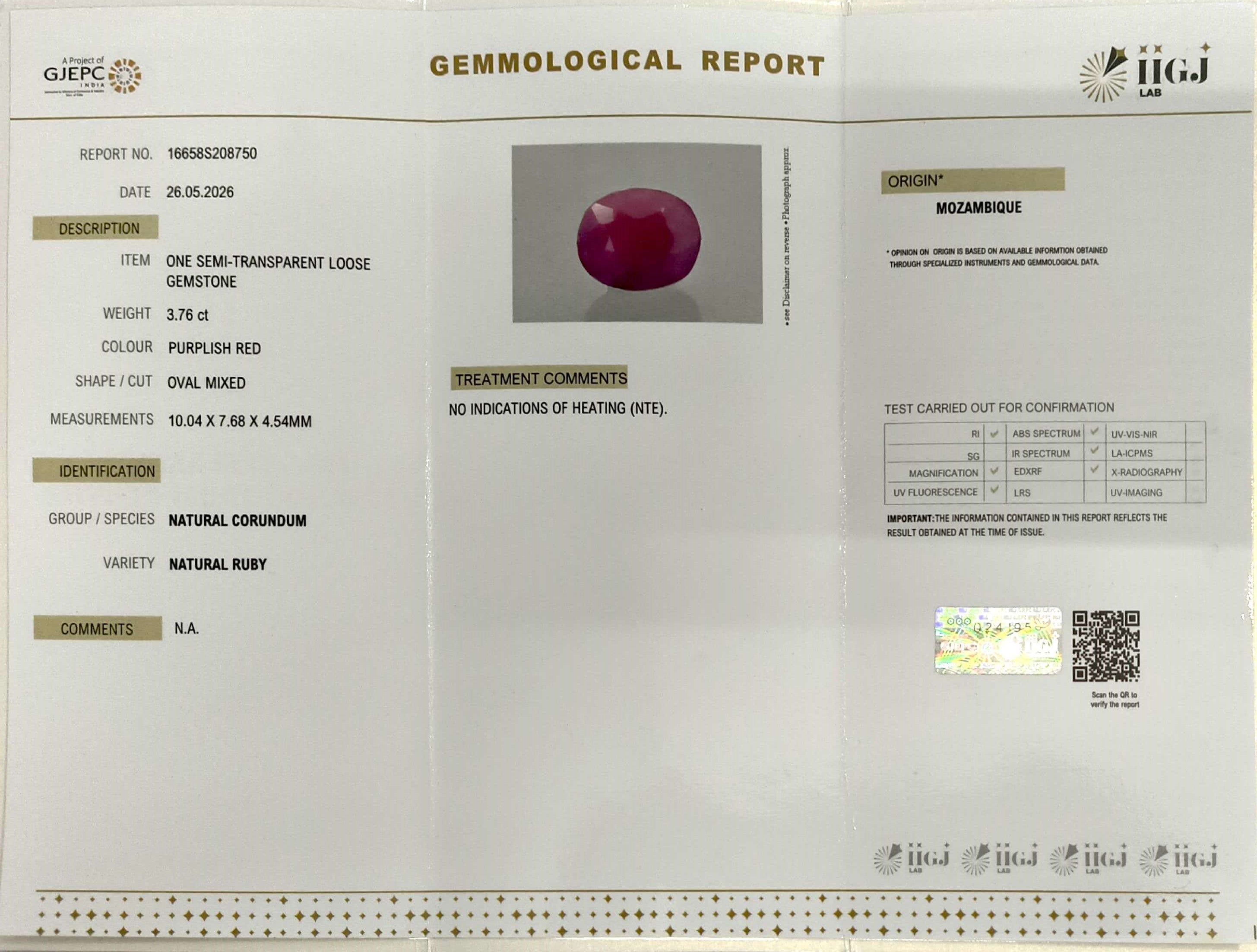3.76/CT Natural Ruby Stone with Govt. Lab Certificate-16658S208750