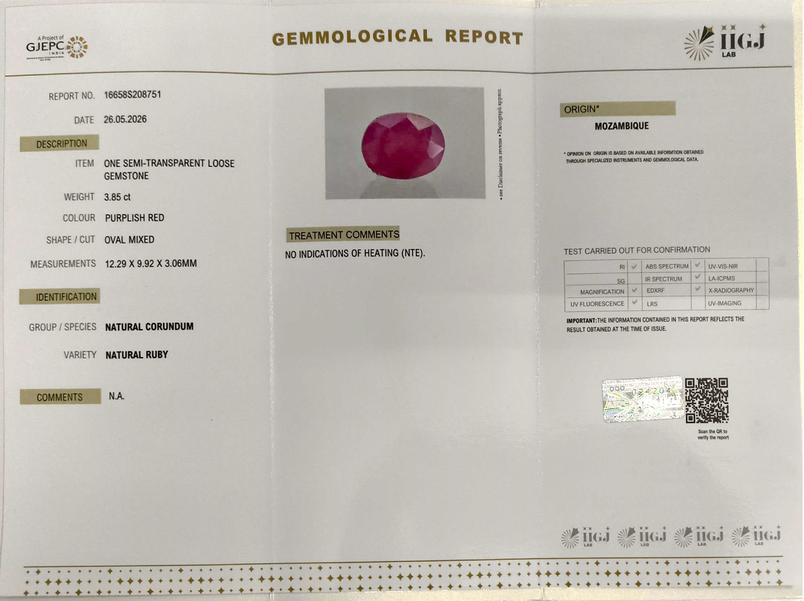 3.85/CT Natural Ruby Stone with Govt. Lab Certificate-16658S208751