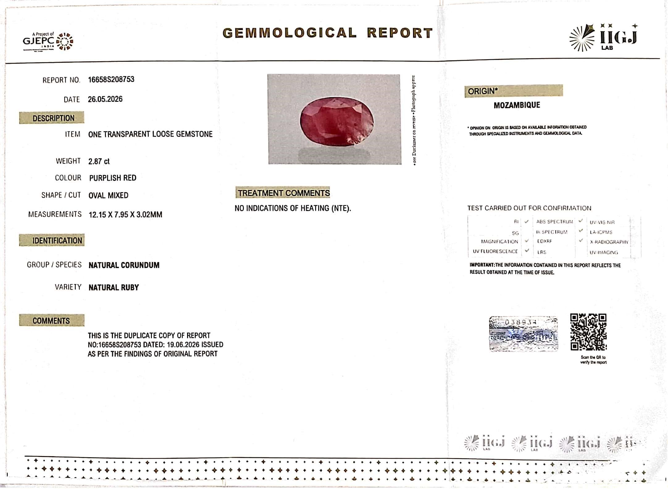 2.87/CT Natural Ruby Stone with Govt. Lab Certificate-16658S208753