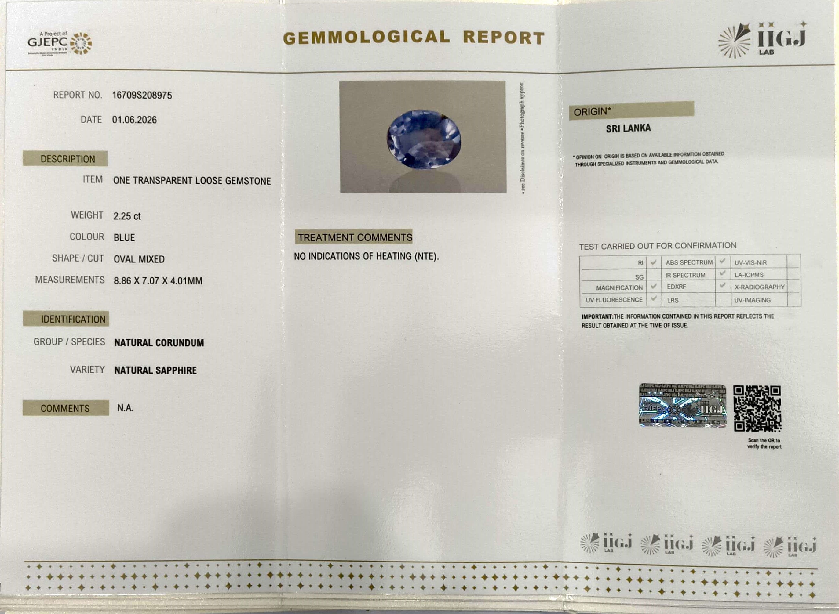 2.25/CT Natural Blue Sapphire with Govt Lab Certificate-16709S208975