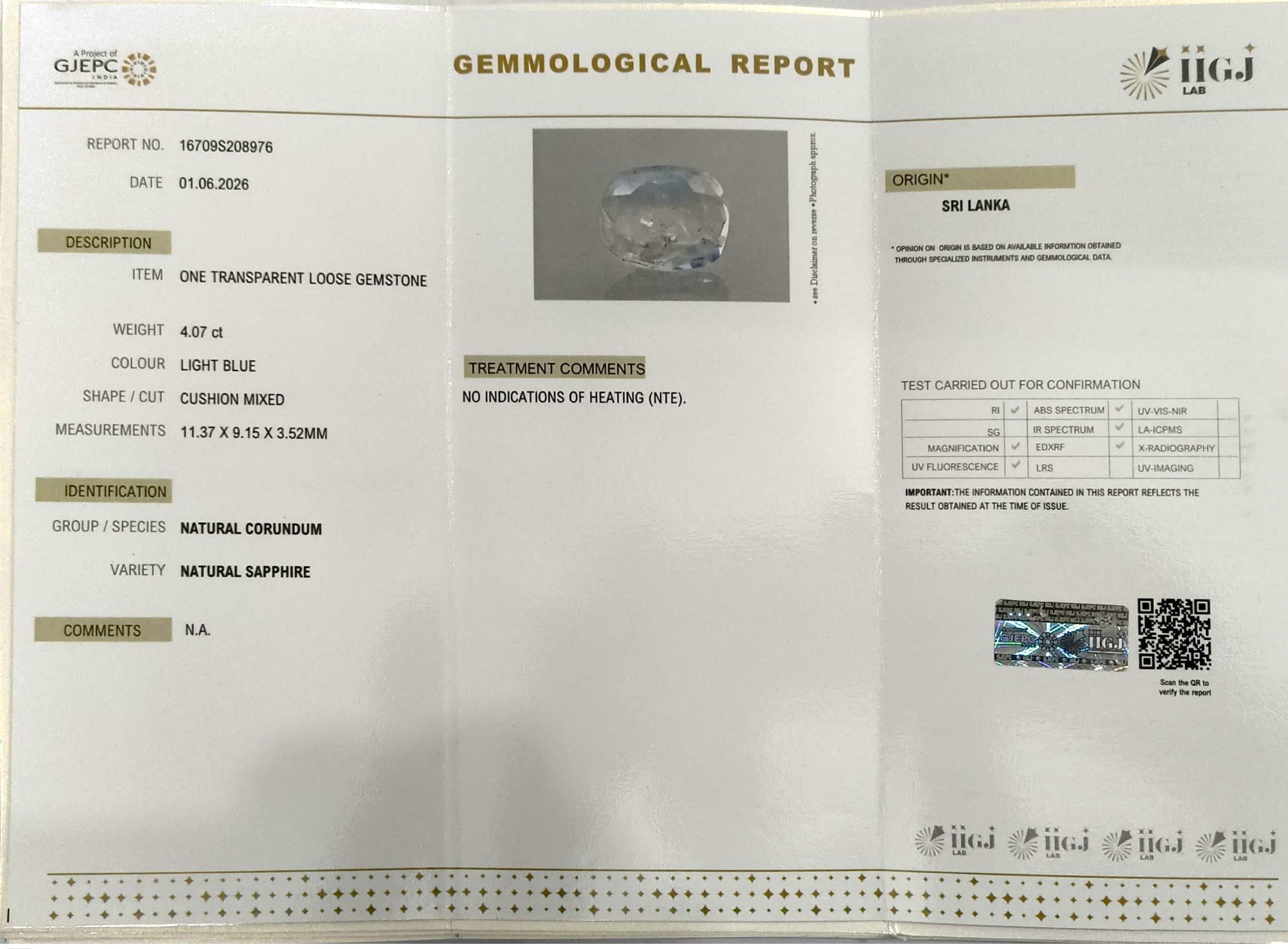 4.07/CT Natural Blue Sapphire with Govt Lab Certificate-16709S208976