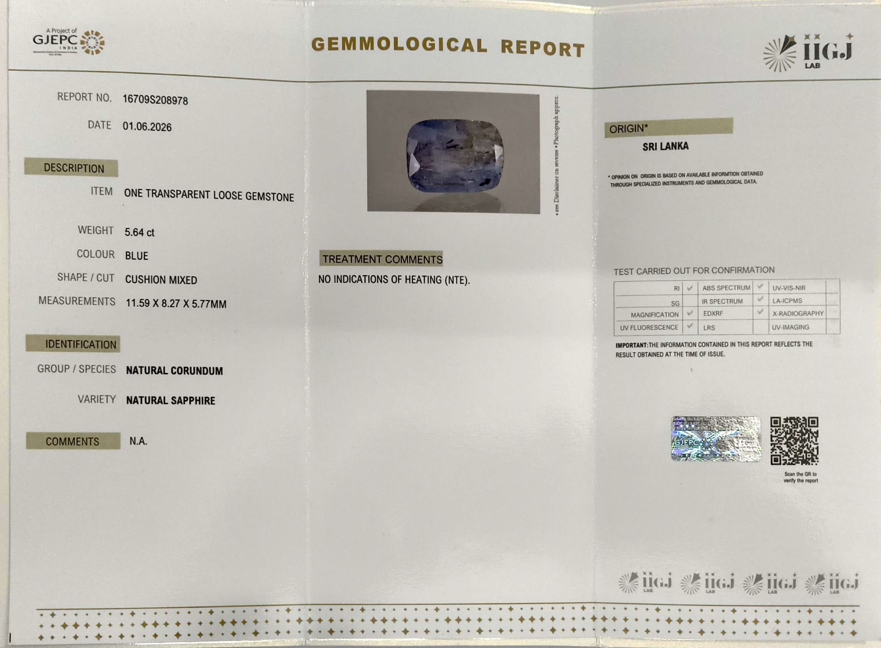 5.64/CT Natural Blue Sapphire with Govt Lab Certificate-16709S208978