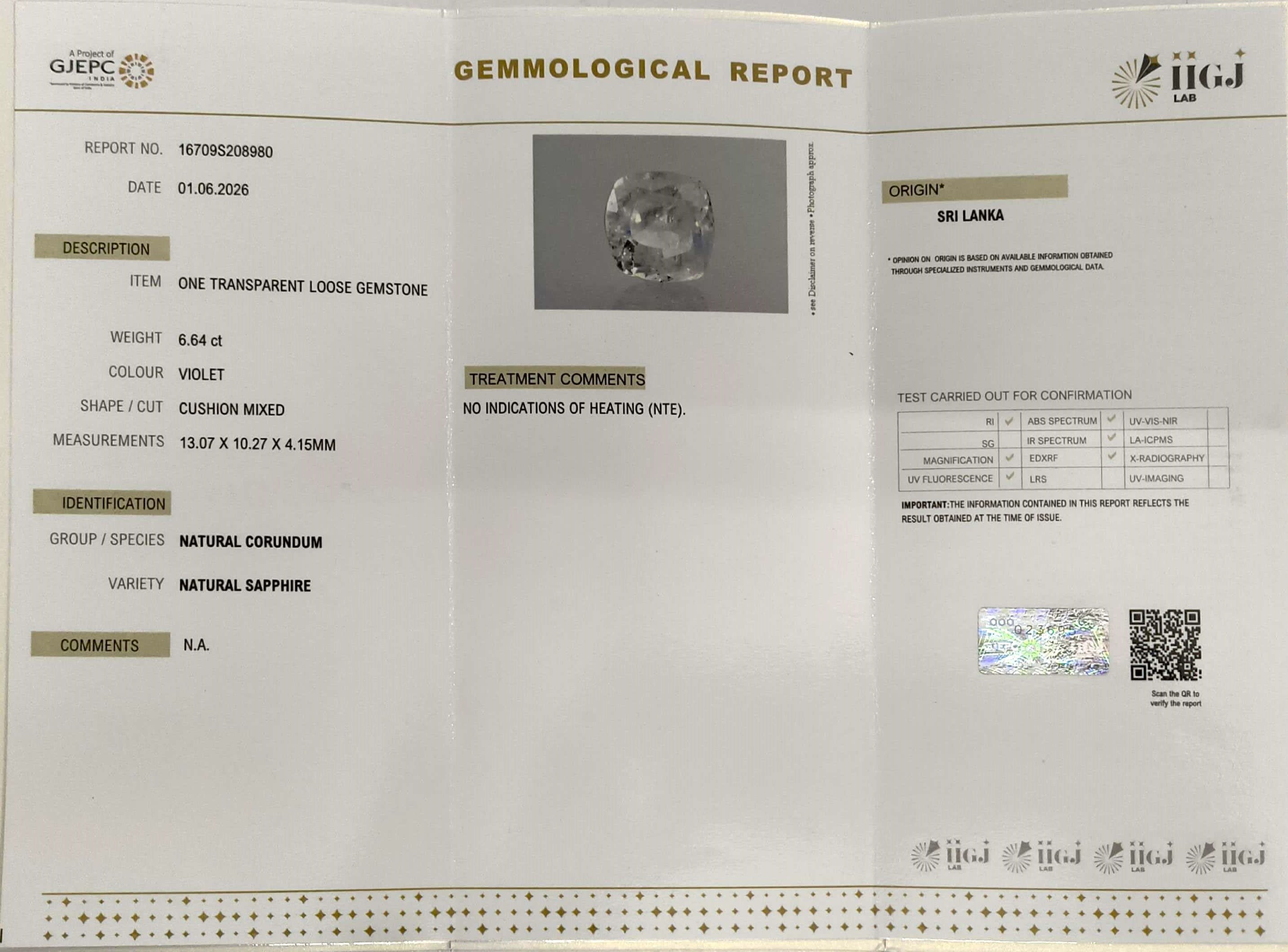 6.64/CT Natural Blue Sapphire with Govt Lab Certificate-16709S208980