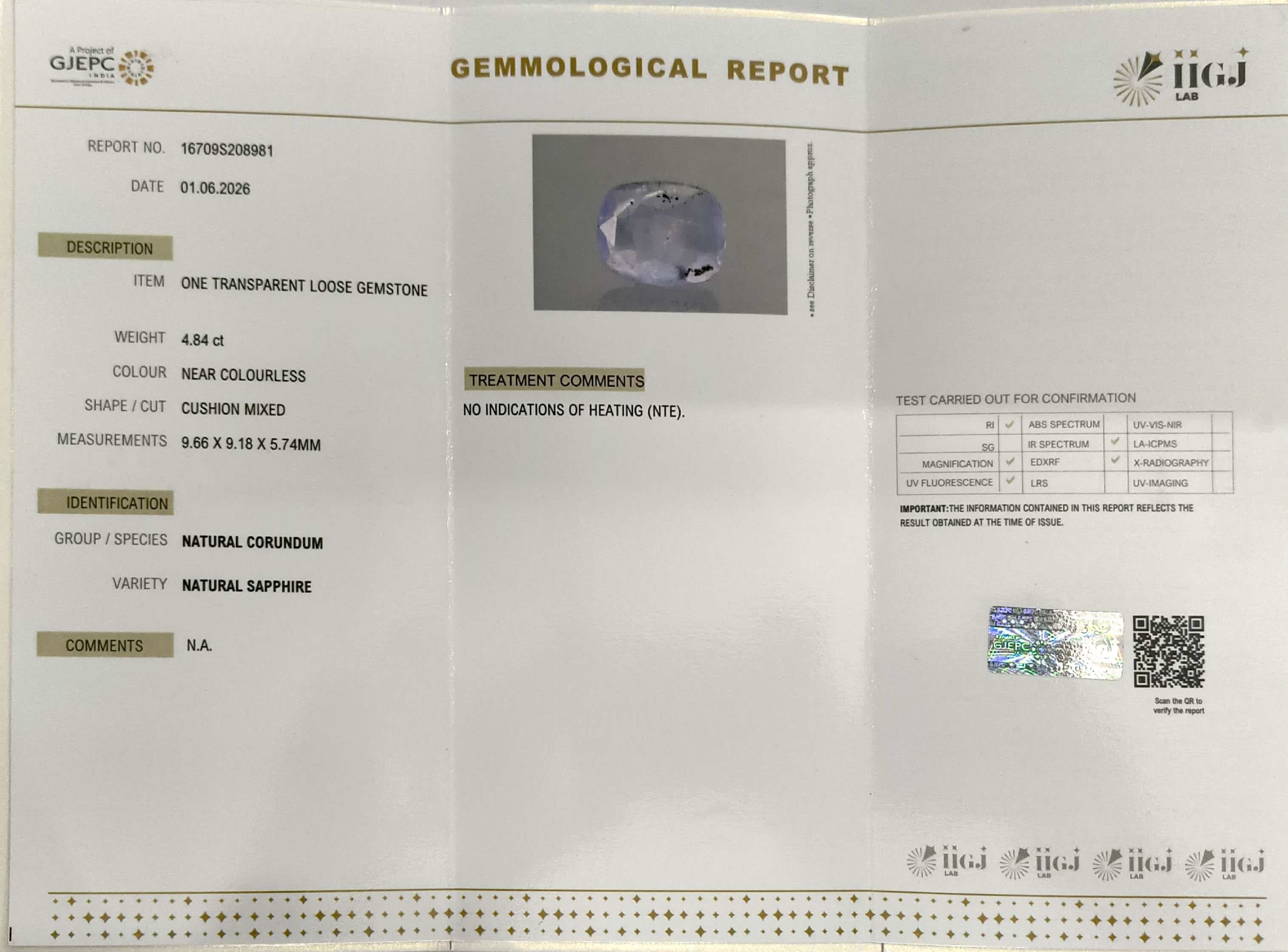 4.84/CT Natural White Sapphire with Govt Lab Certificate-16709S208981