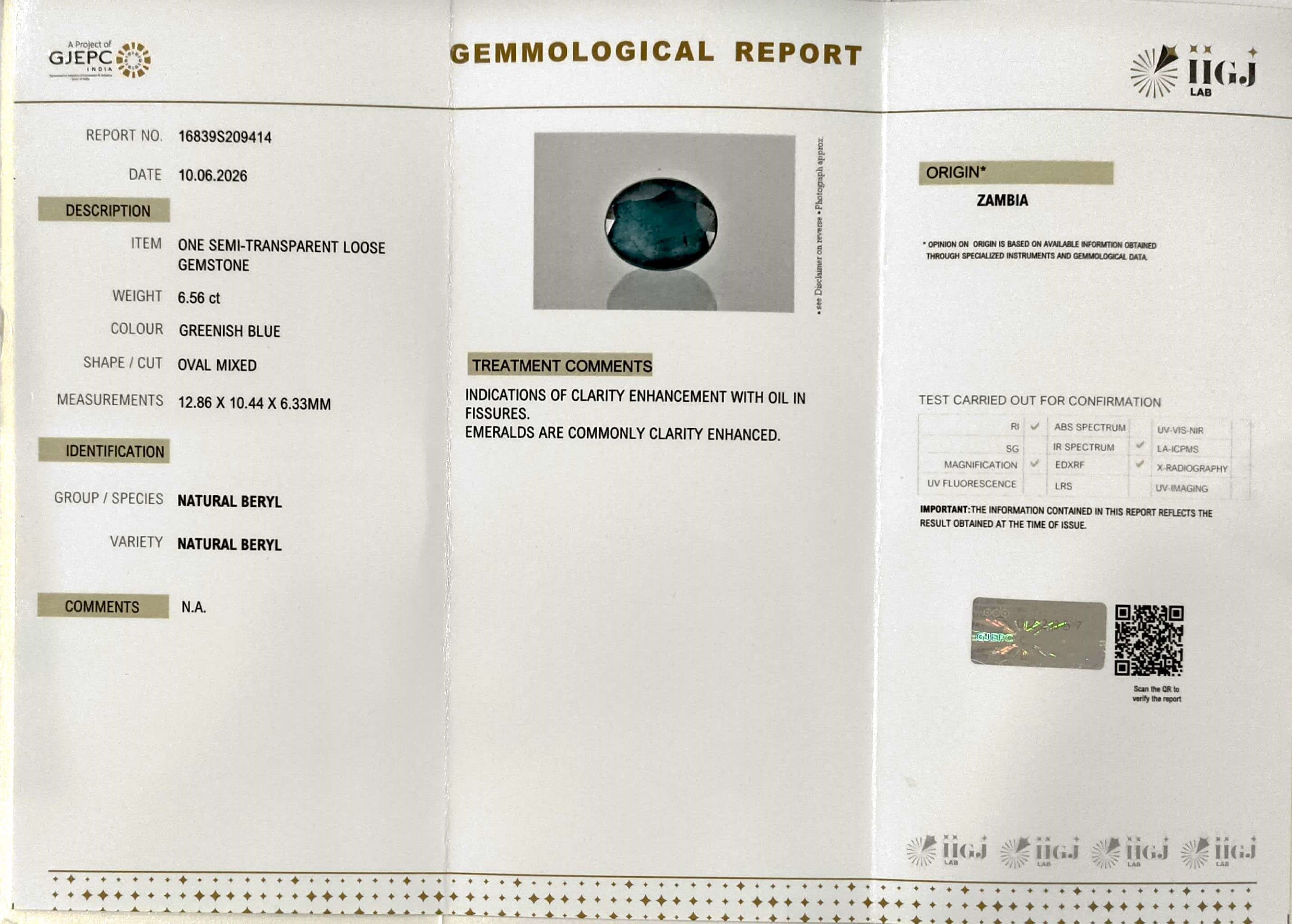 6.56/CT Natural Panna Stone with Govt. Lab Certificate-16839S209414