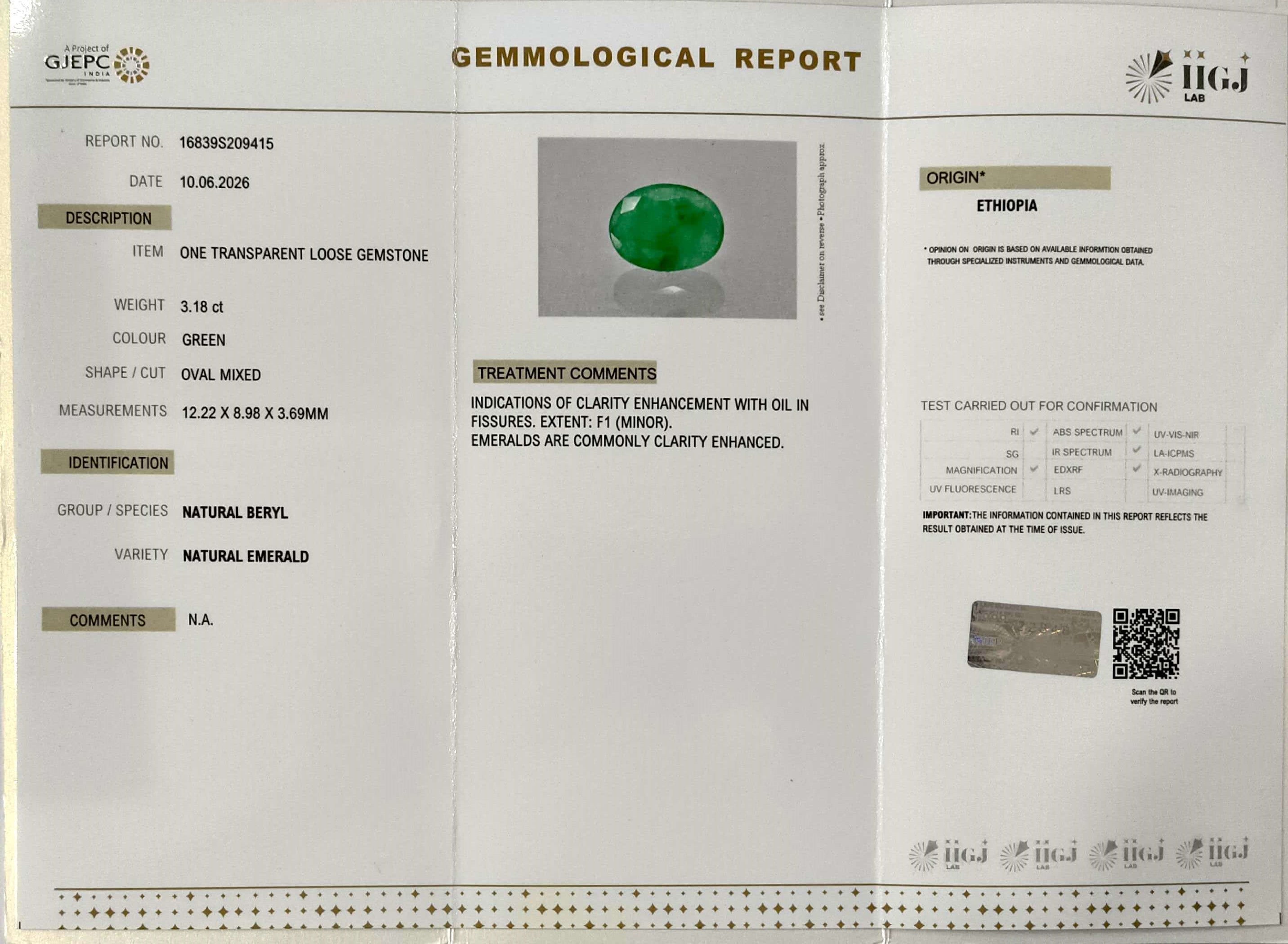 3.18/CT Natural Panna Stone with Govt. Lab Certificate-16839S209415