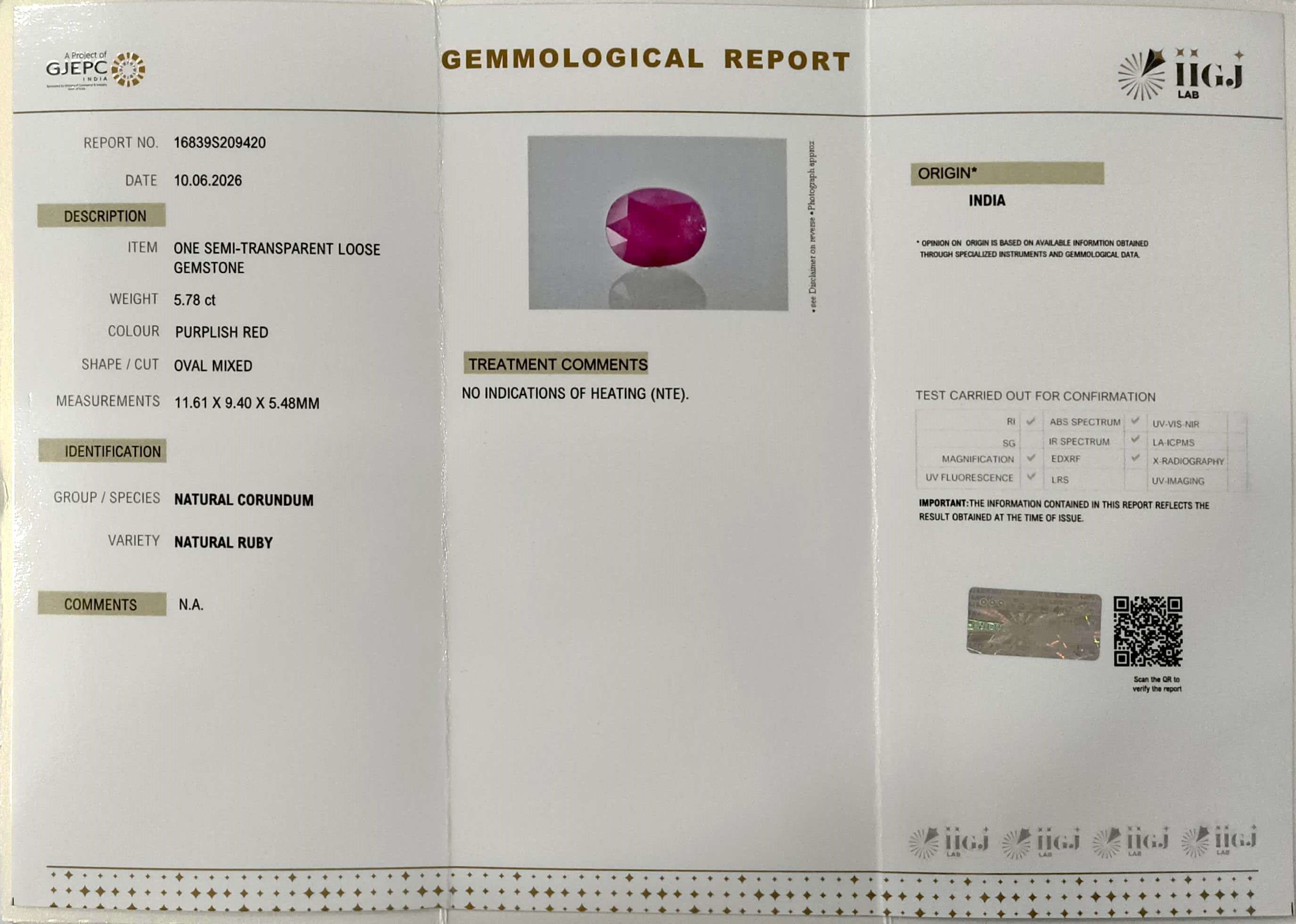 5.78/CT Natural Ruby Stone with Govt. Lab Certificate-16839S209420
