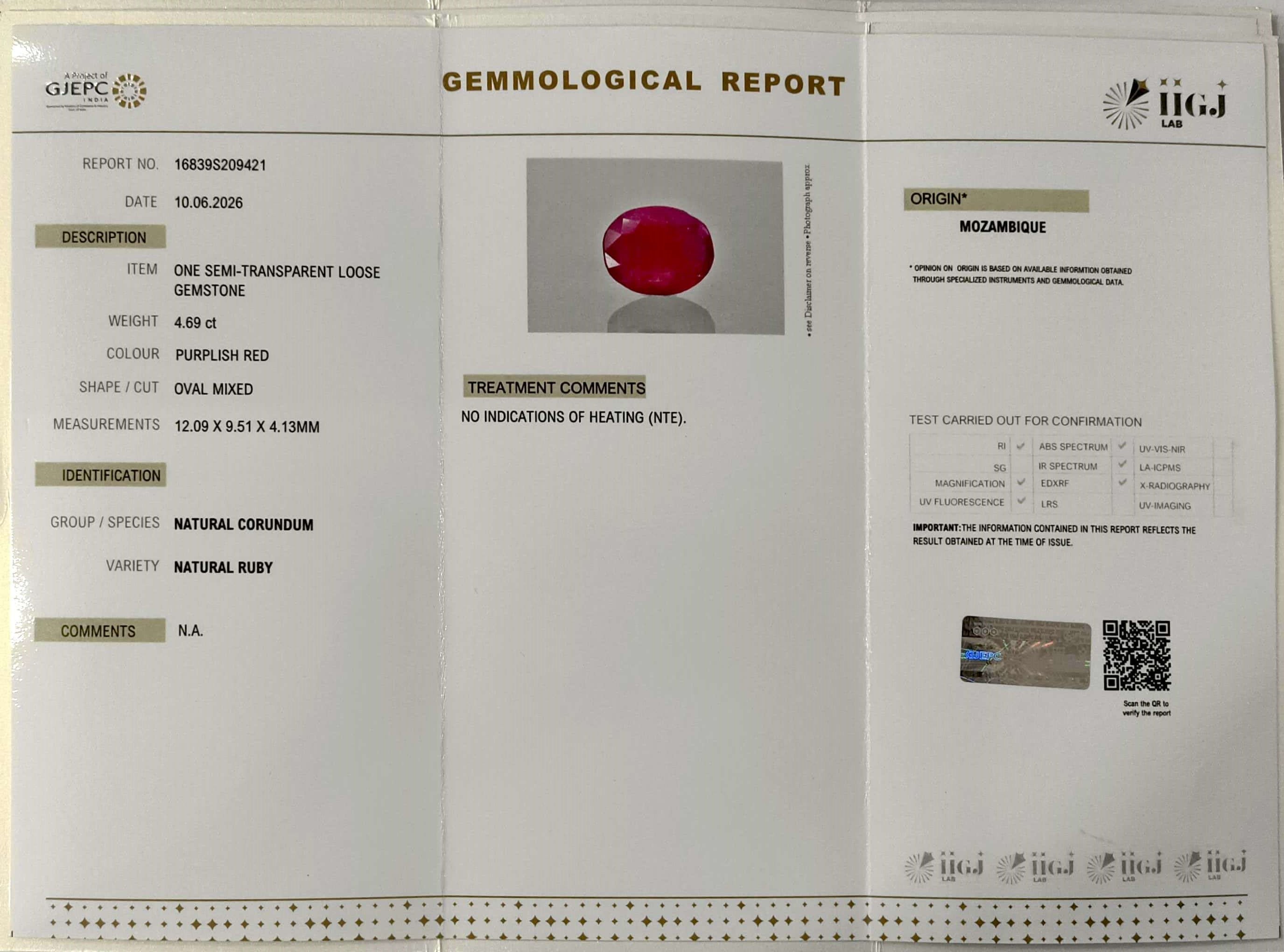 4.69/CT Natural Ruby Stone with Govt. Lab Certificate-16839S209421
