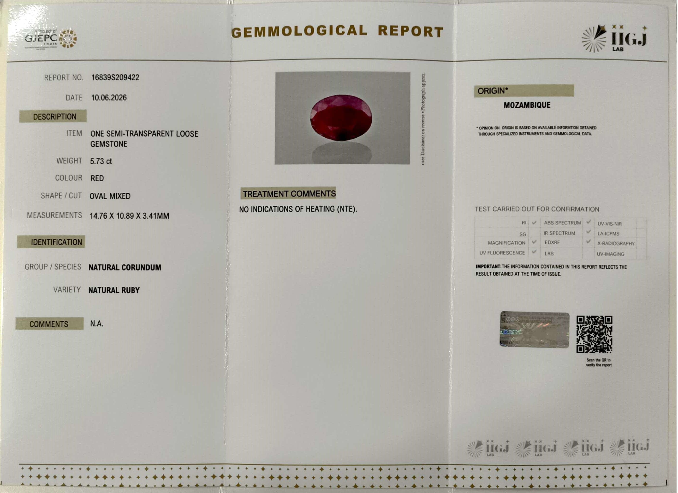 5.73/CT Natural Ruby Stone with Govt. Lab Certificate-16839S209422