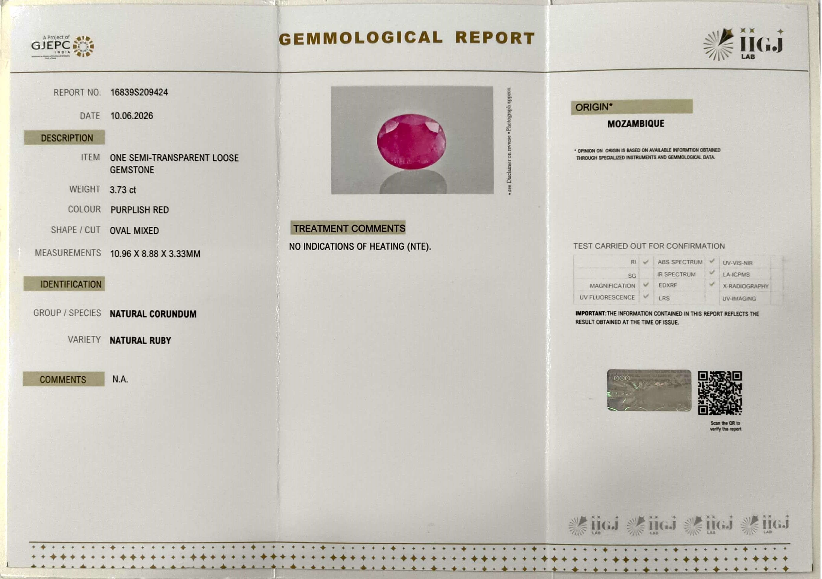 3.73/CT Natural Ruby Stone with Govt. Lab Certificate-16839S209424