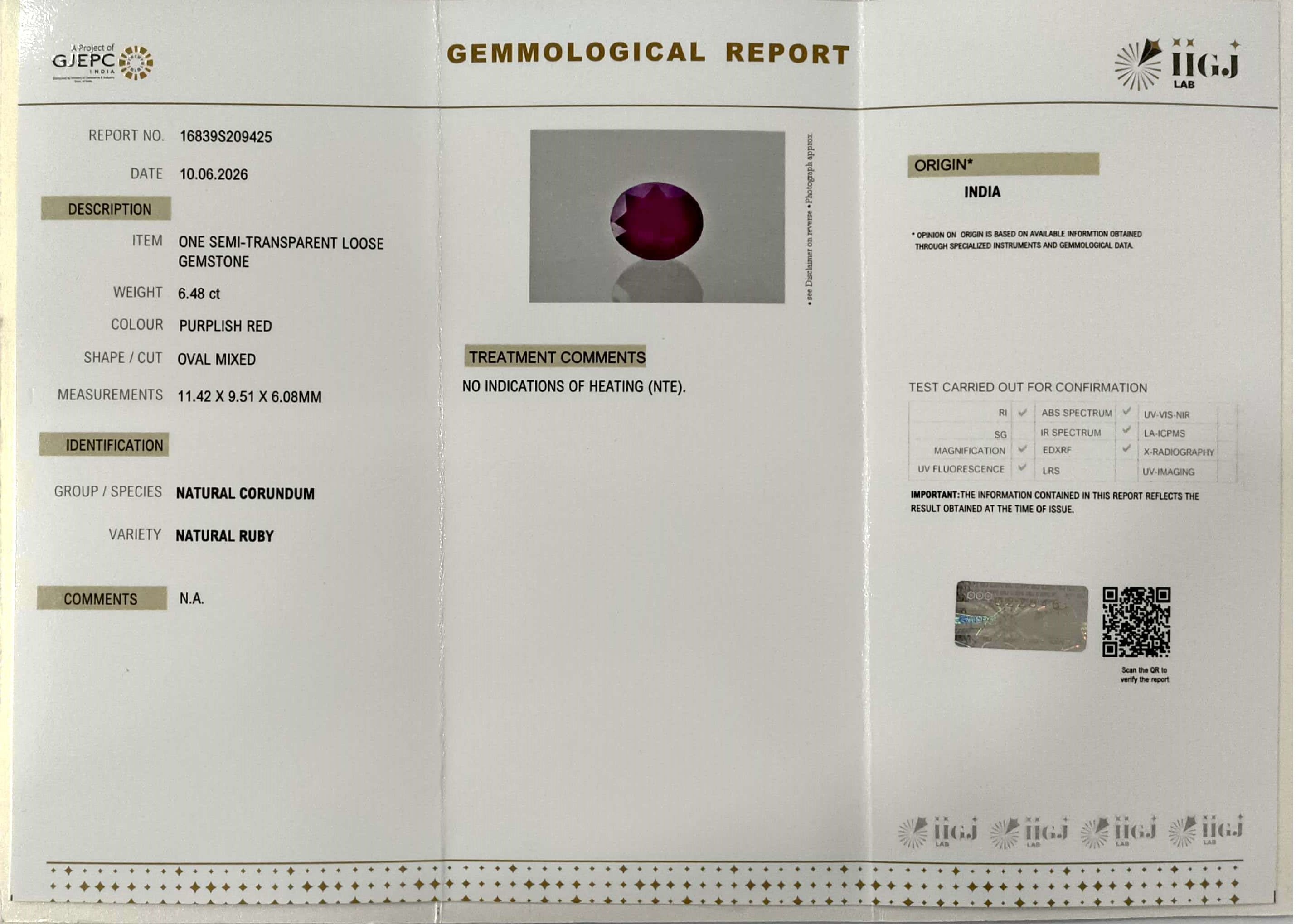 6.48/CT Natural Ruby Stone with Govt. Lab Certificate-16839S209425
