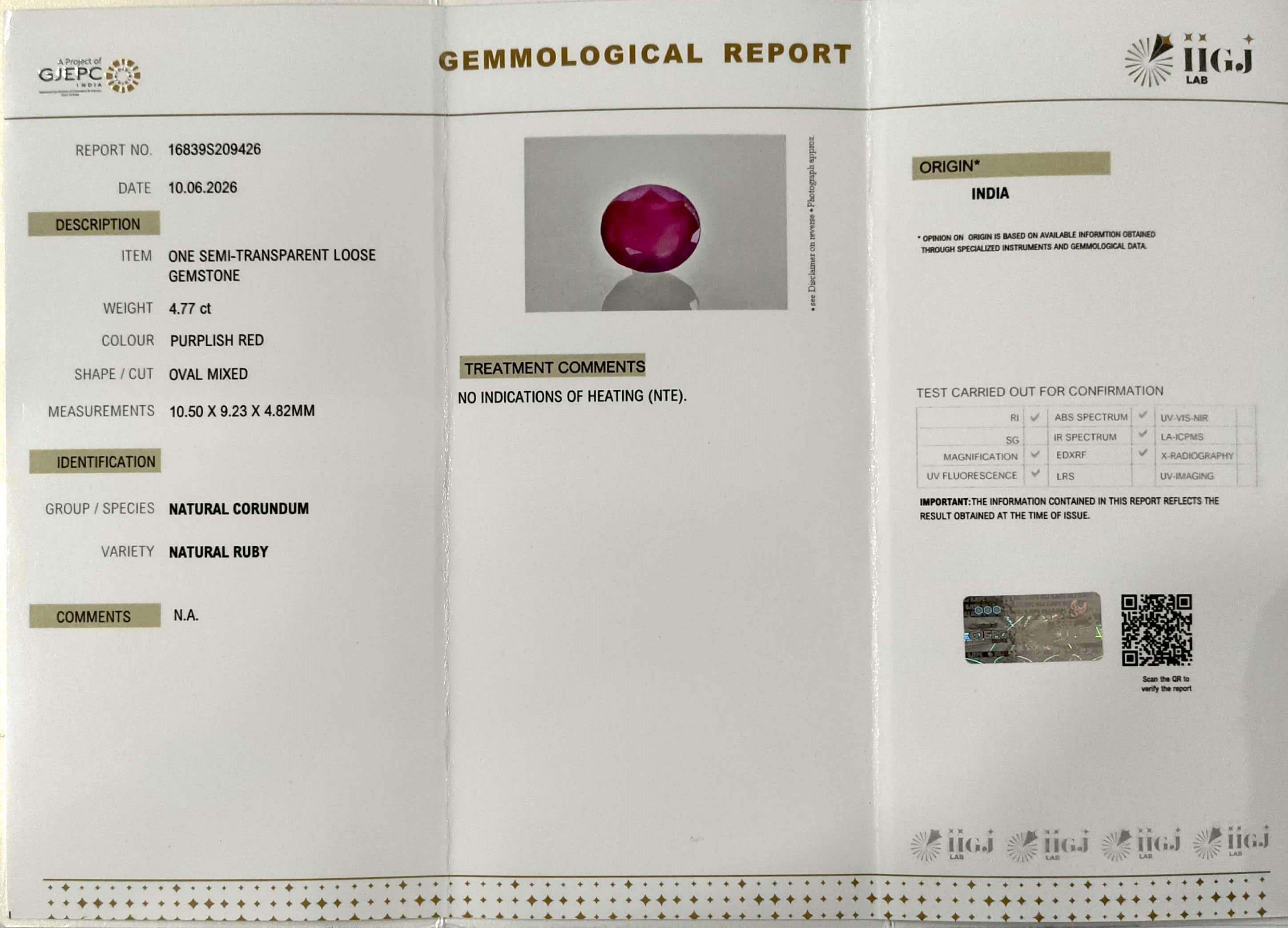 4.77/CT Natural Ruby Stone with Govt. Lab Certificate-16839S209426