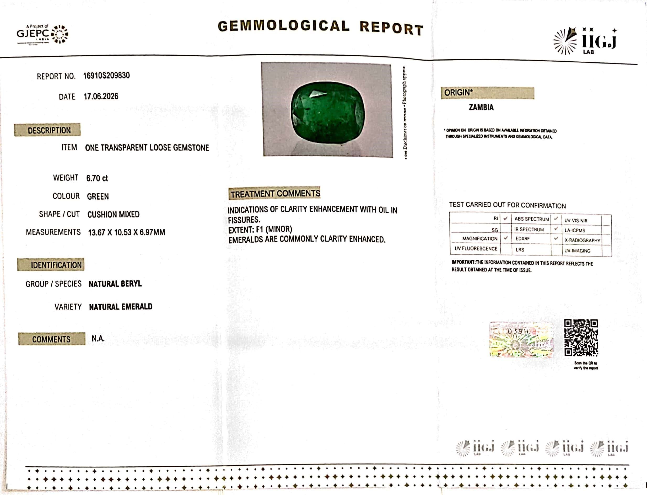 6.7/CT Natural Panna Stone with Govt. Lab Certificate-16910S209830