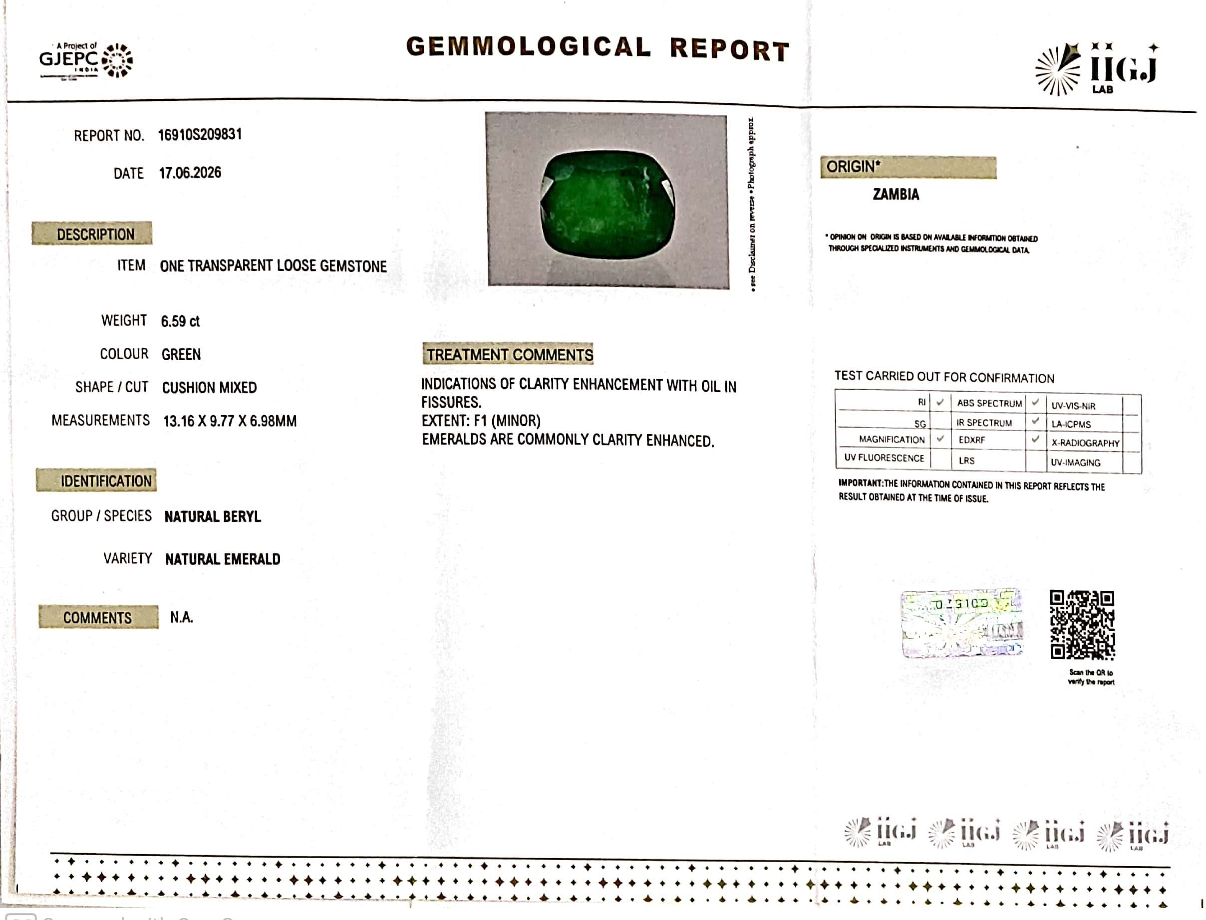 6.59/CT Natural Panna Stone with Govt. Lab Certificate-16910S209831