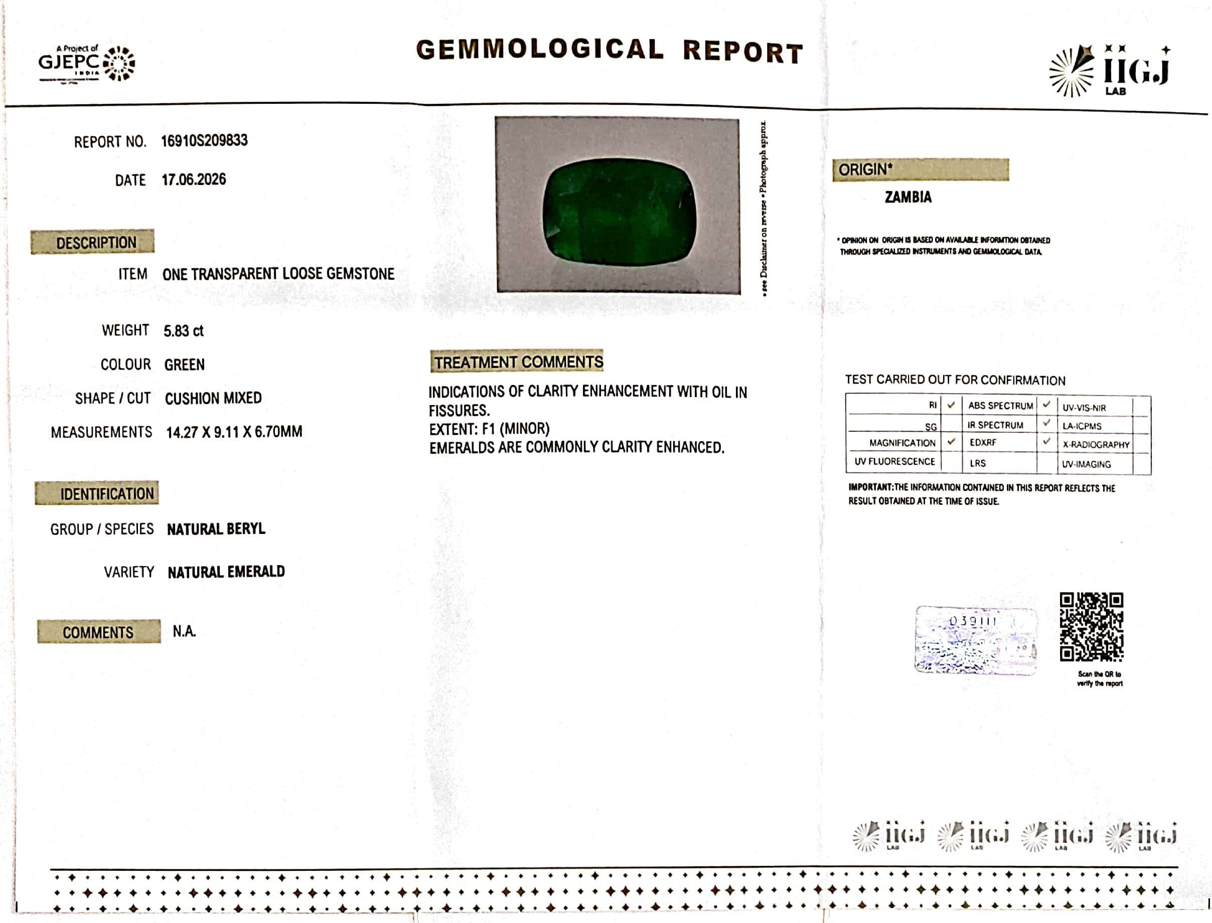 5.83/CT Natural Panna Stone with Govt. Lab Certificate-16910S209833