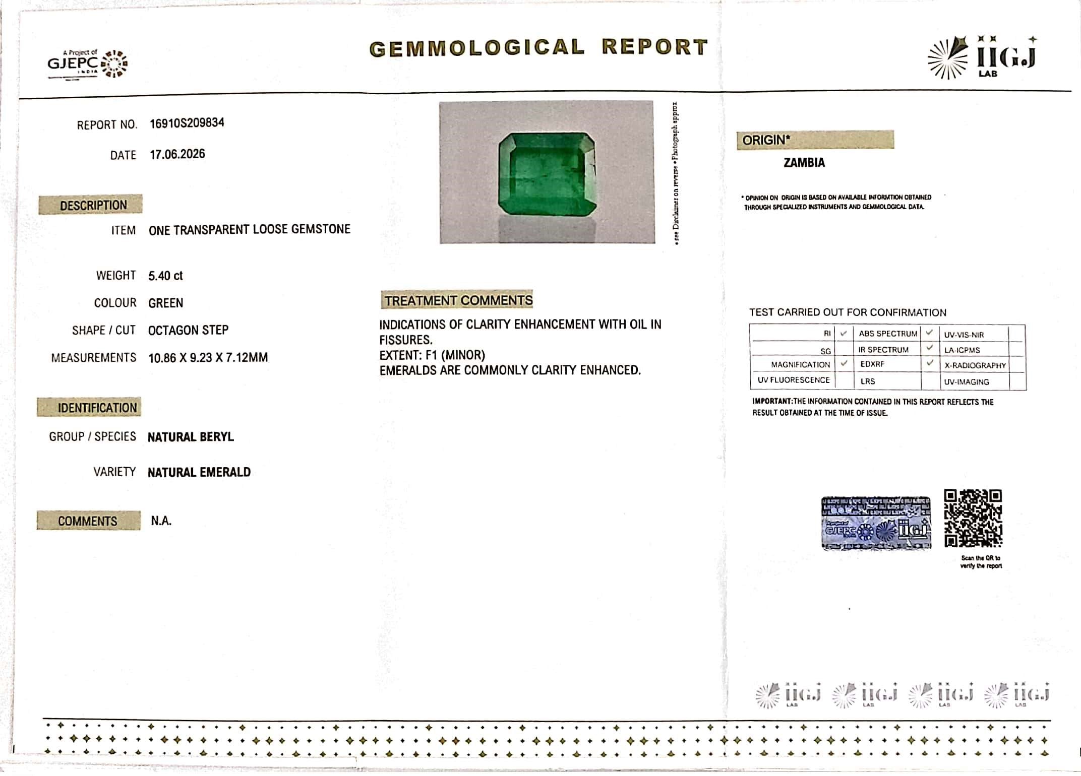 5.4/CT Natural Panna Stone with Govt. Lab Certificate-16910S209834