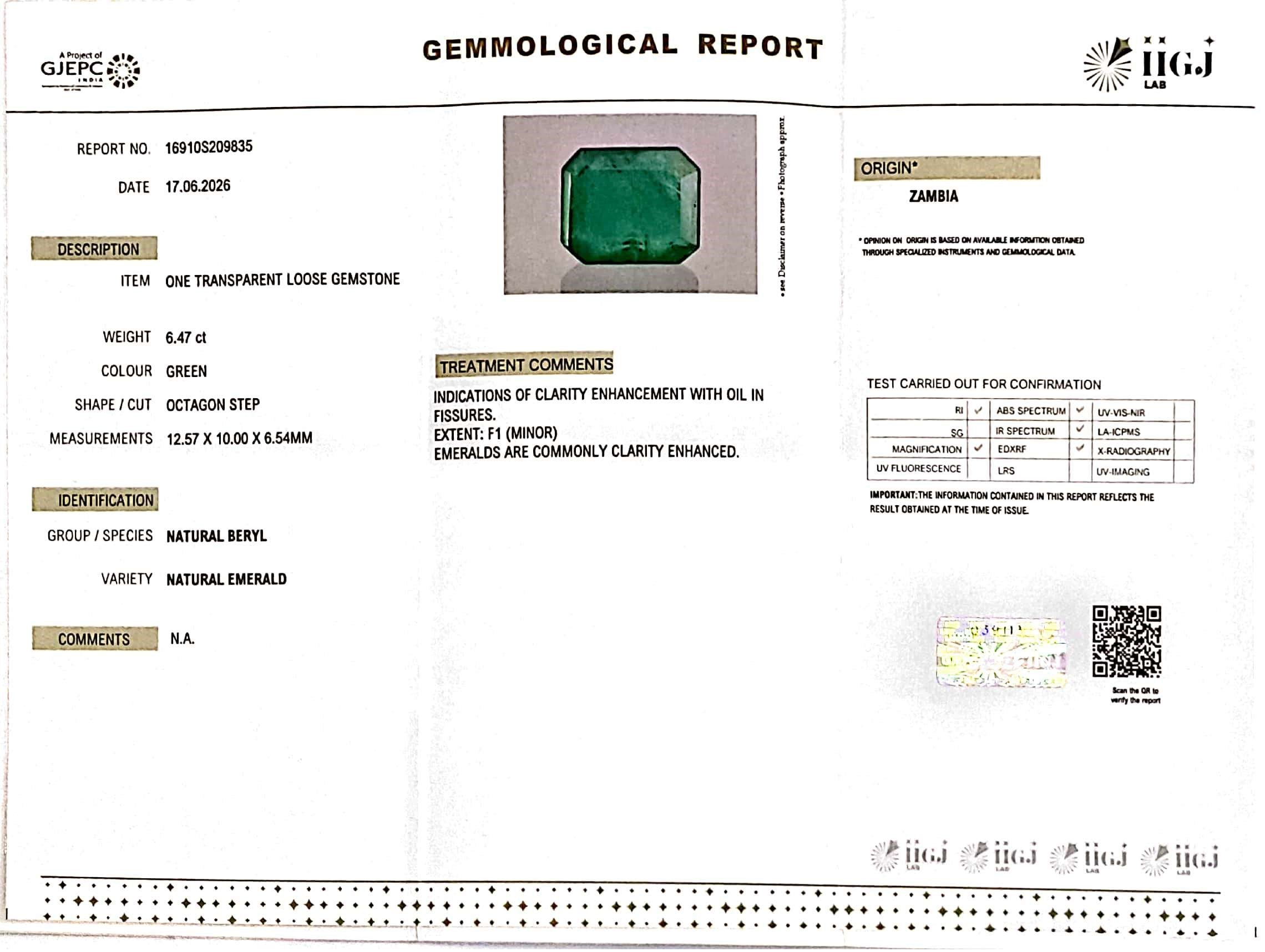 6.47/CT Natural Panna Stone with Govt. Lab Certificate-16910S209835