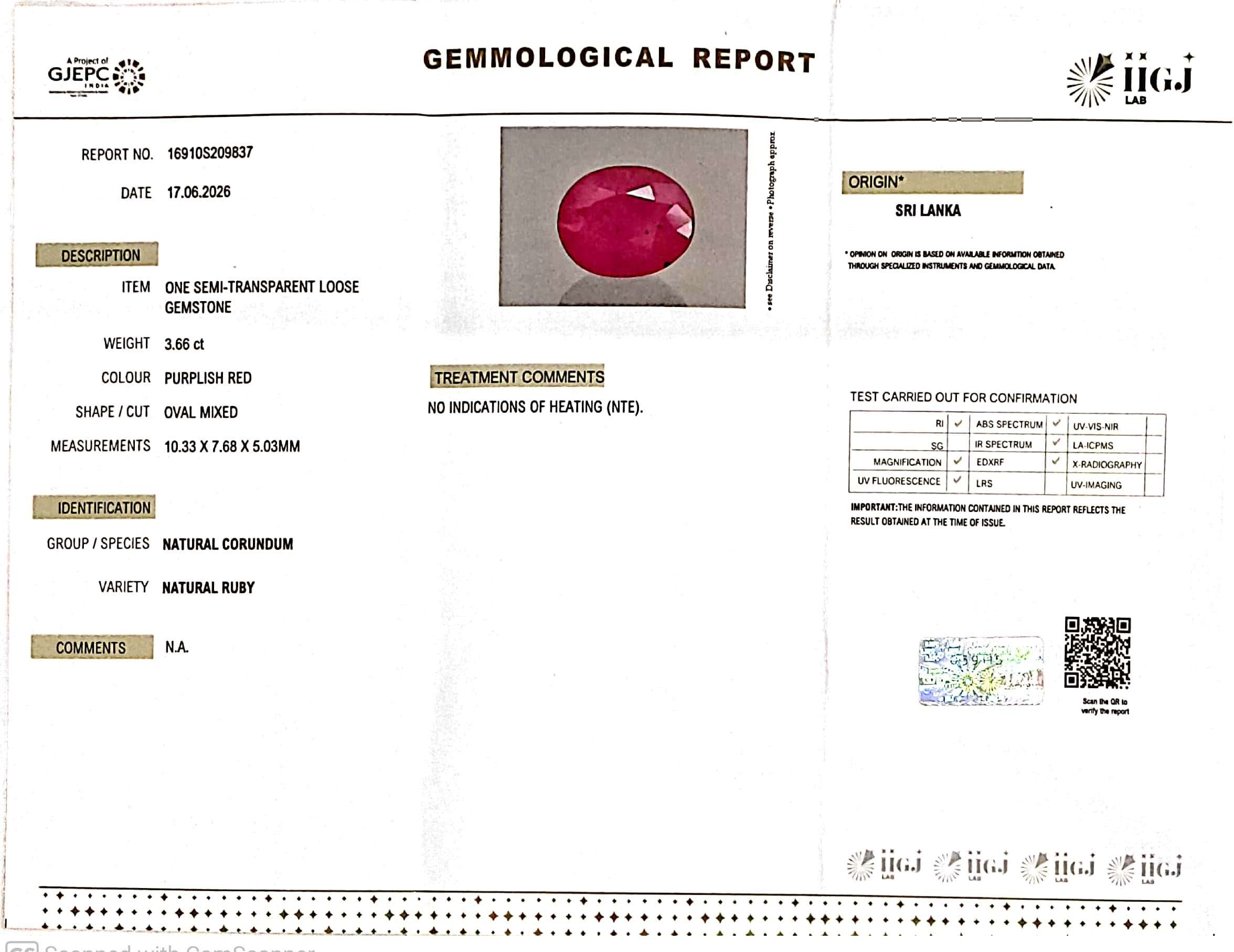 3.66/CT Natural Ruby Stone with Govt. Lab Certificate-16910S209837