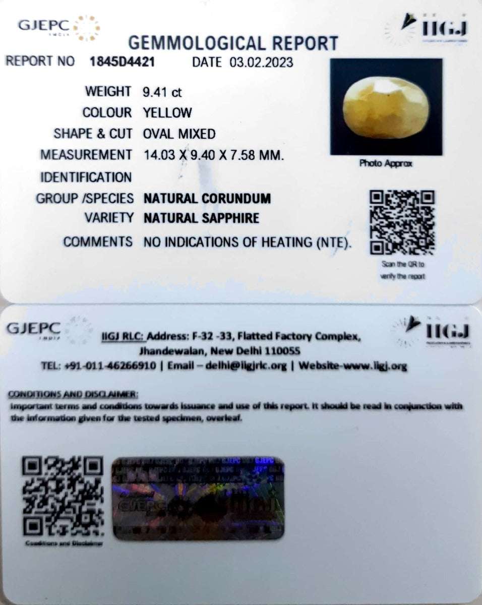 9.41/CT Natural Yellow Sapphire with Govt Lab Certificate-(1221)