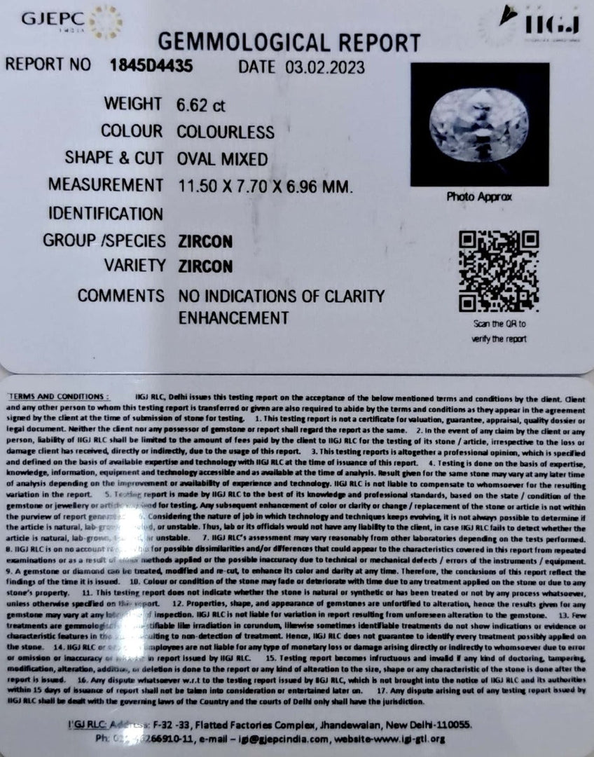 6.62/CT Natural Zircon with Govt. Lab certificate-(3441)