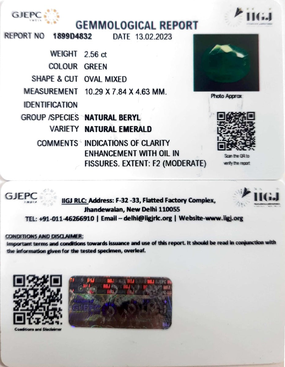 2.56/CT Natural Panna Stone with Govt. Lab Certificate (8991)