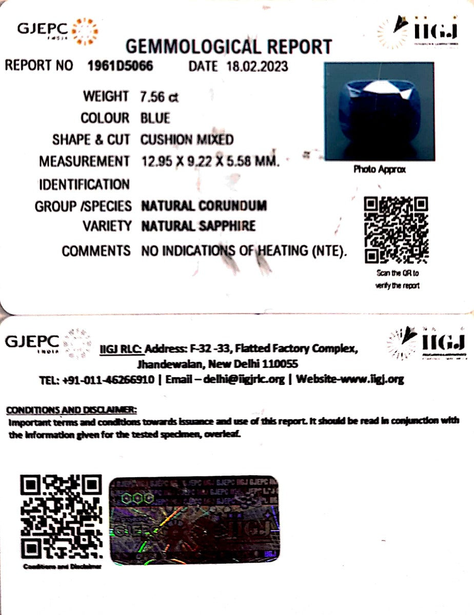 7.56/CT Natural Blue Sapphire with Govt Lab Certificate (1221)