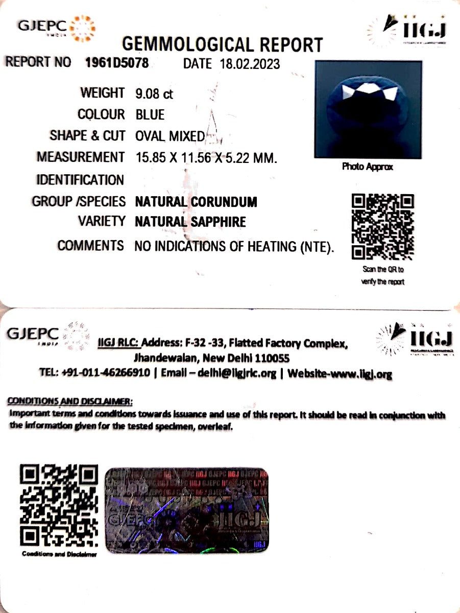 9.08/CT Natural Blue Sapphire with Govt Lab Certificate (2331)