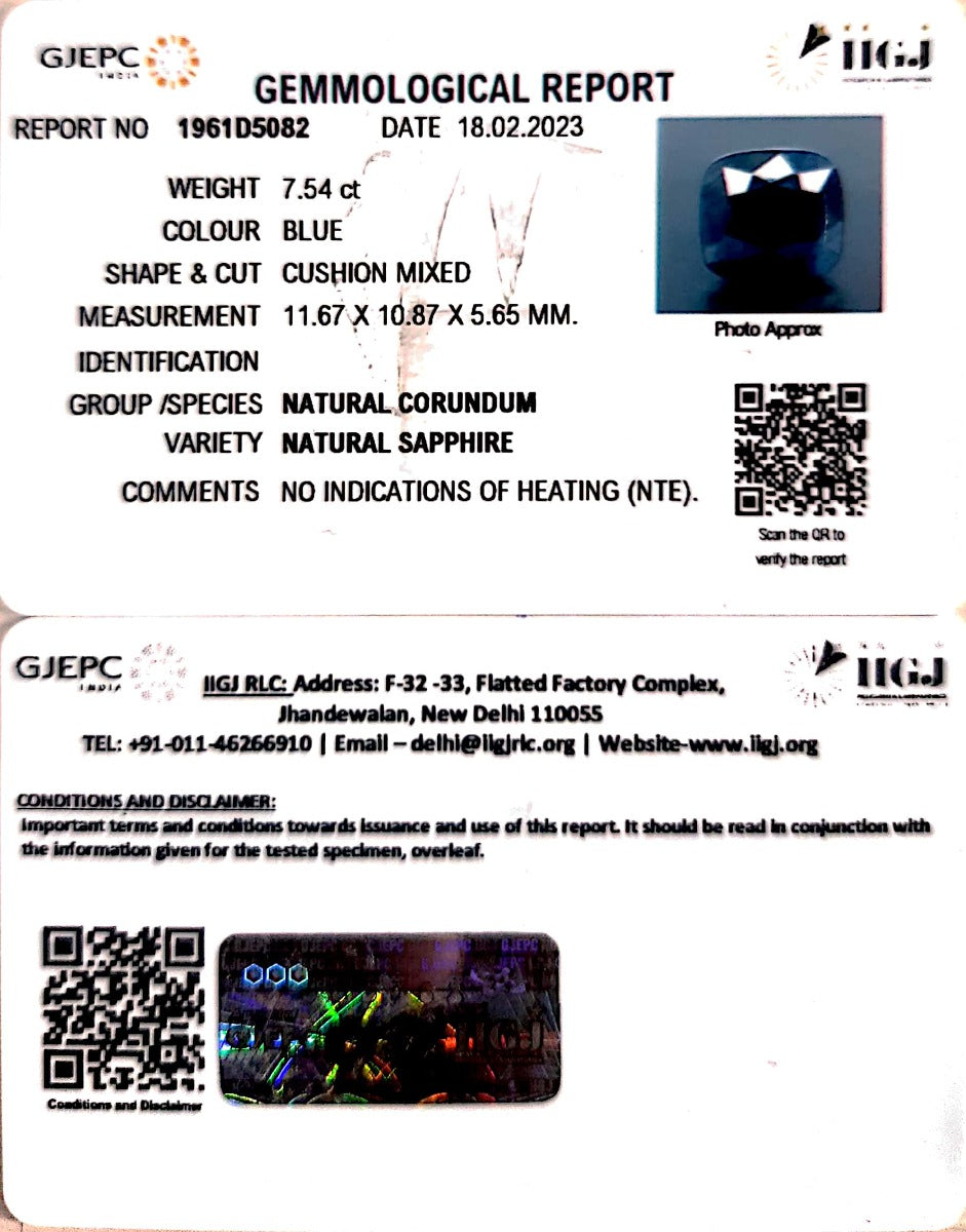 7.54/CT Natural Blue Sapphire with Govt Lab Certificate (2331)