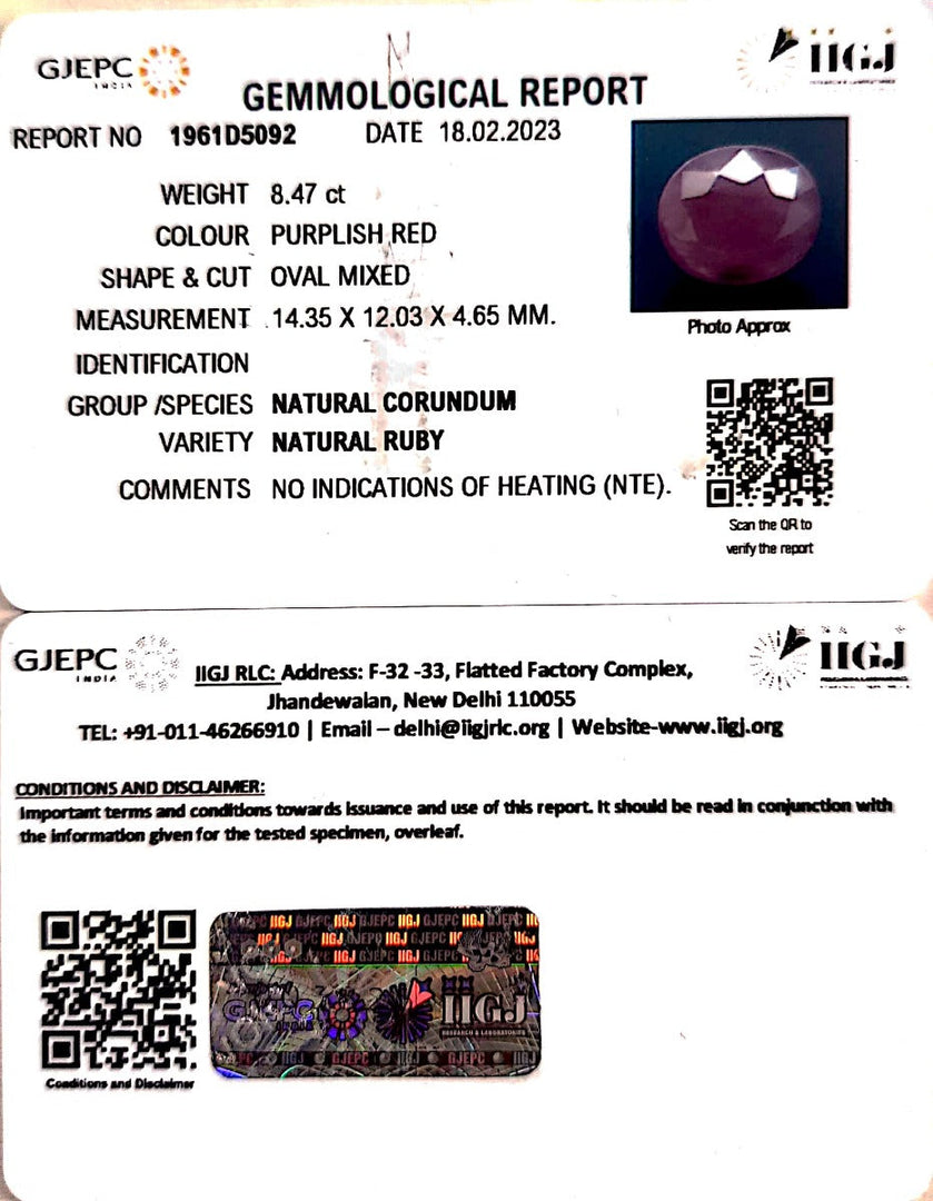 8.47/CT Natural Mozambique Ruby with Govt. Lab Certificate (7881)