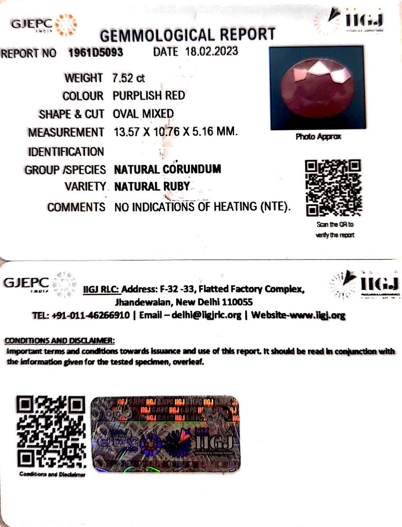 7.52/CT Natural Neo Burma Ruby with Govt. Lab Certificate (5661)