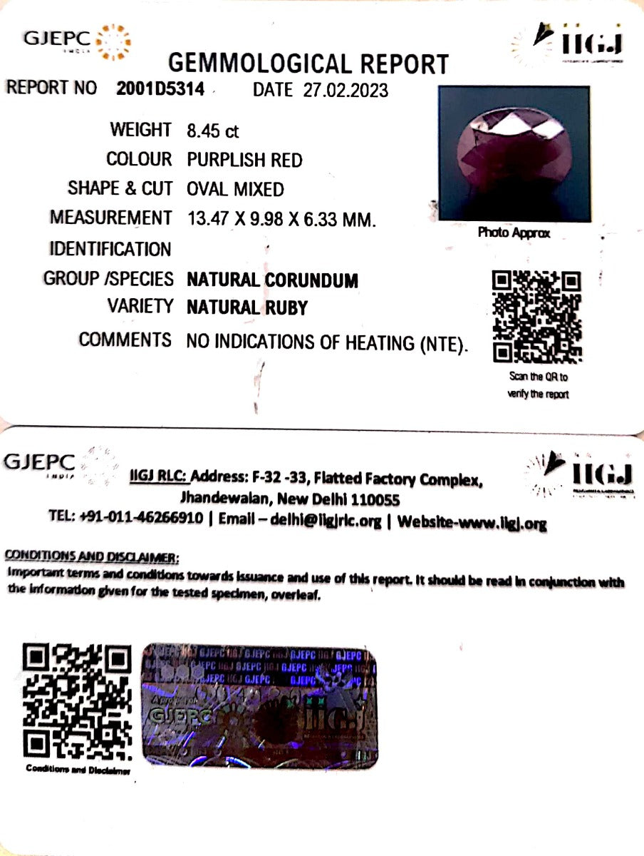 8.45/CT Natural Neo Burma Ruby with Govt. Lab Certificate (3441)
