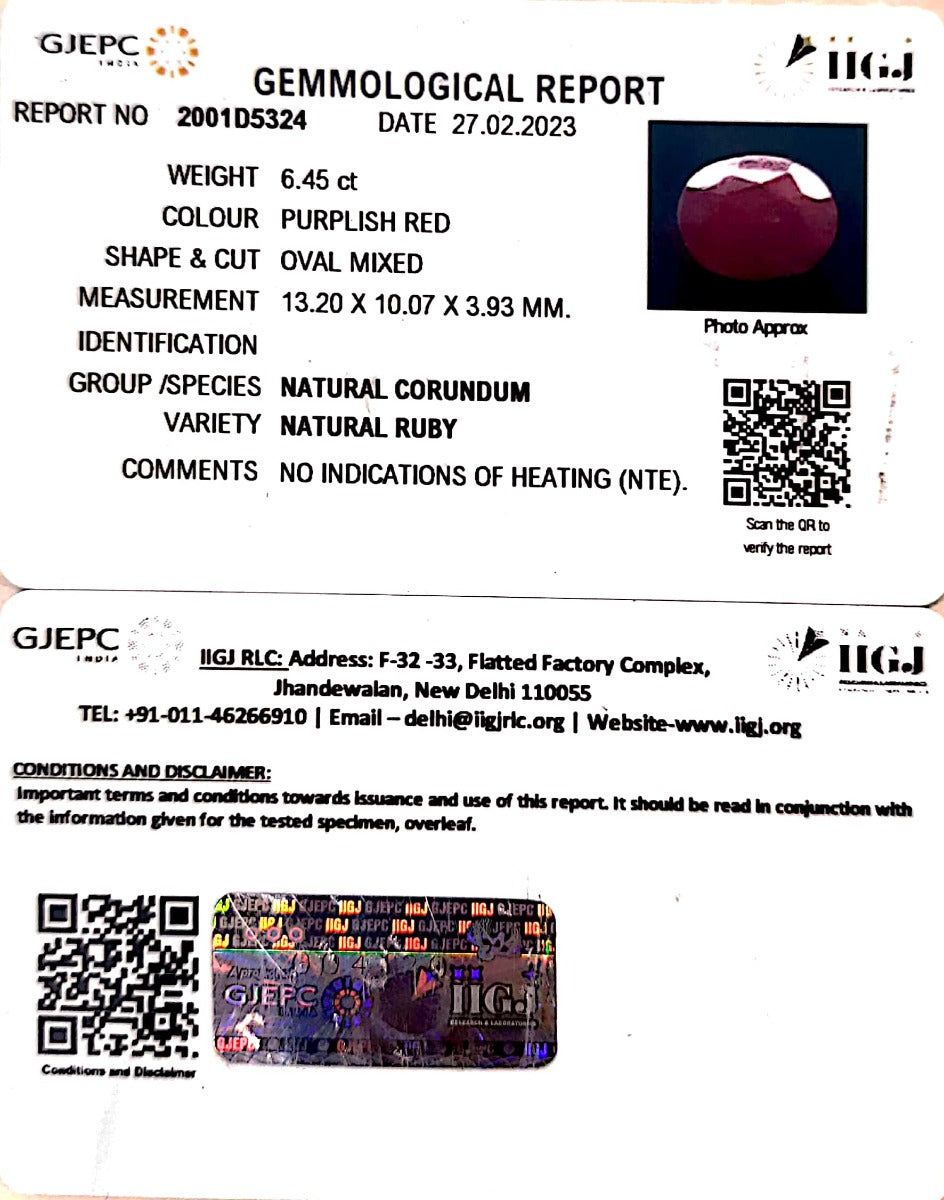 6.45/CT Natural New Burma Ruby with Govt. Lab Certificate- 2001D5324