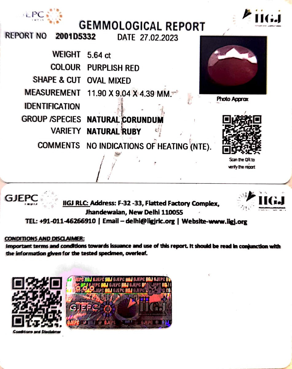 5.64/CT Natural Neo Burma Ruby with Govt. Lab Certificate (3441)