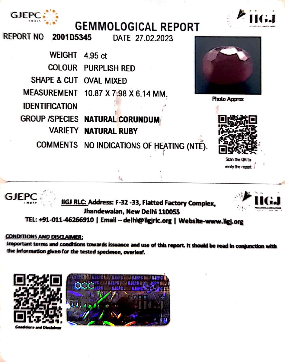 4.95/CT Natural Neo Burma Ruby with Govt. Lab Certificate (2001D5345)