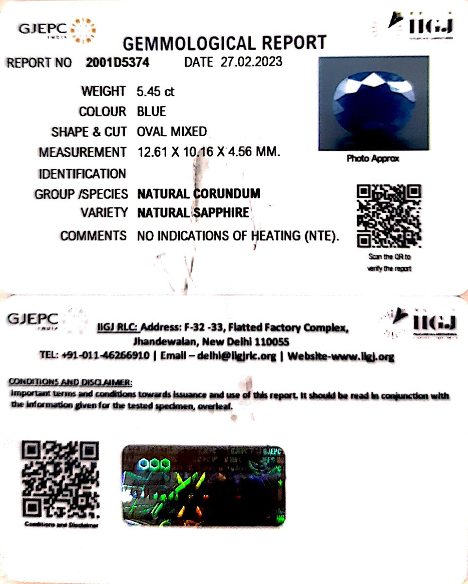5.45/CT Natural Blue Sapphire with Govt Lab Certificate (3441)