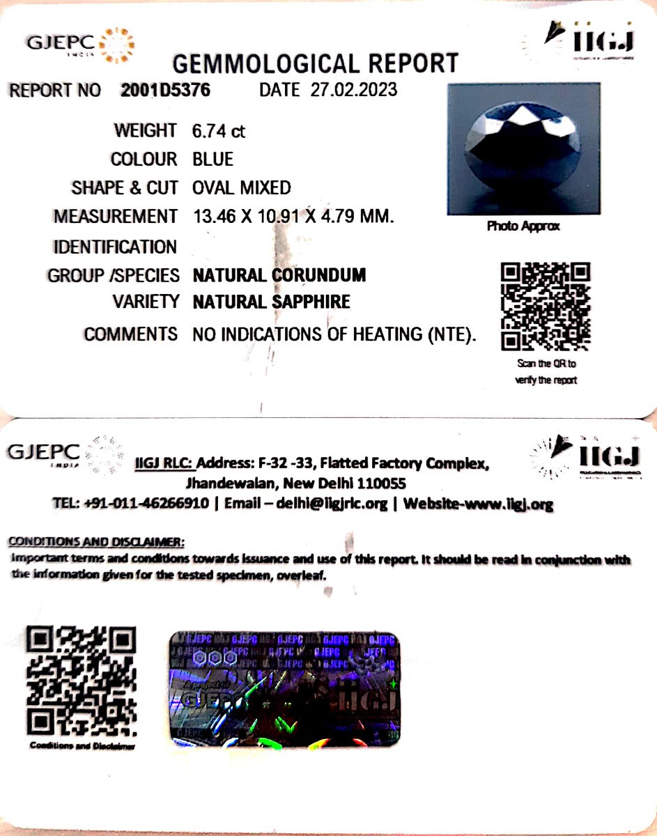 6.74/CT Natural Blue Sapphire with Govt Lab Certificate (2331)