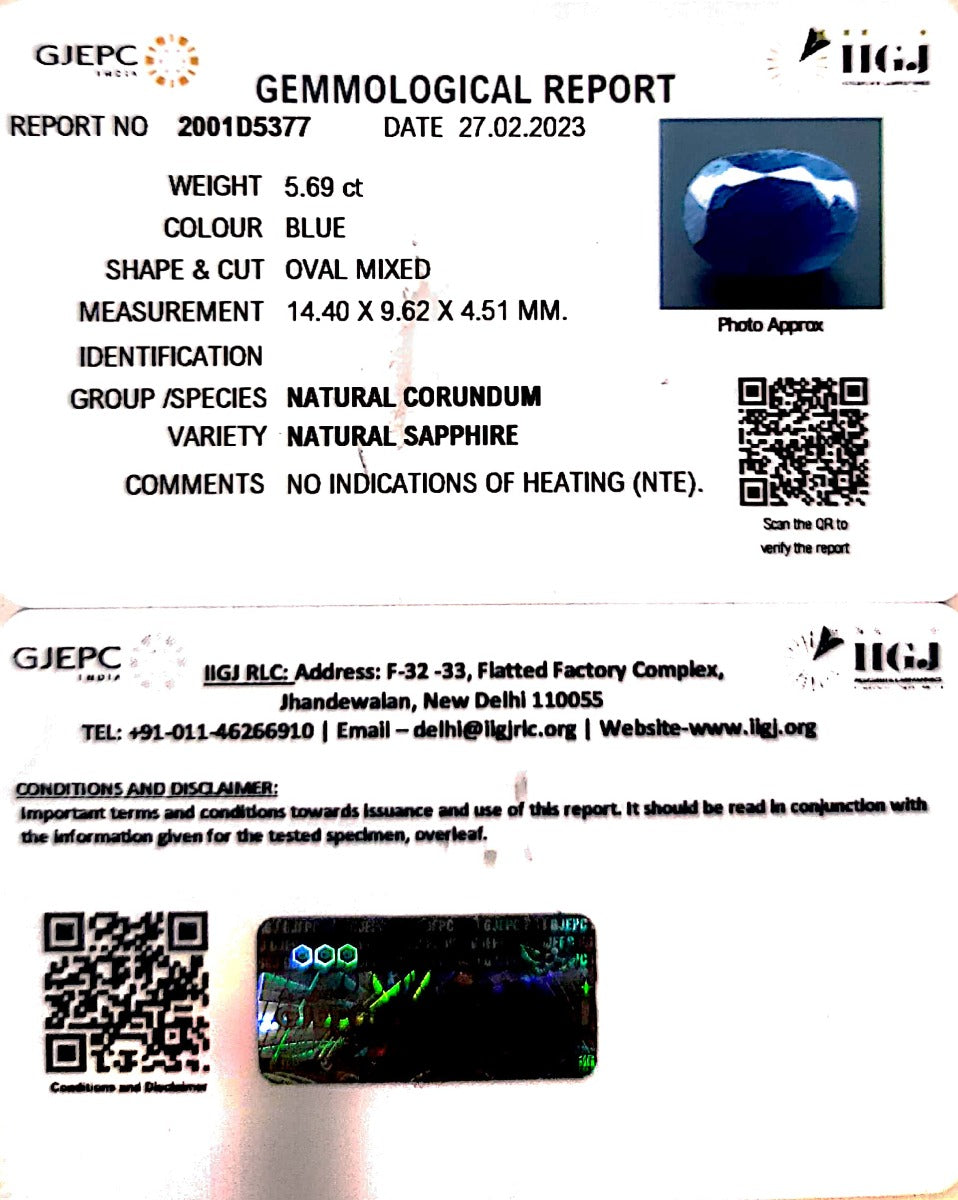 5.69/CT Natural Blue Sapphire with Govt Lab Certificate (2331)