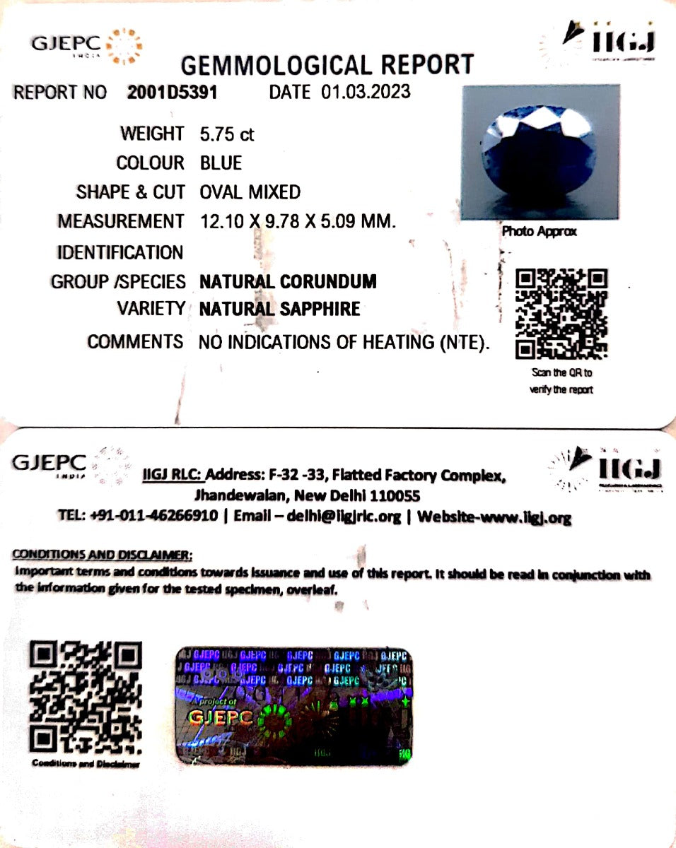 5.75/CT Natural Blue Sapphire with Govt Lab Certificate (2331)
