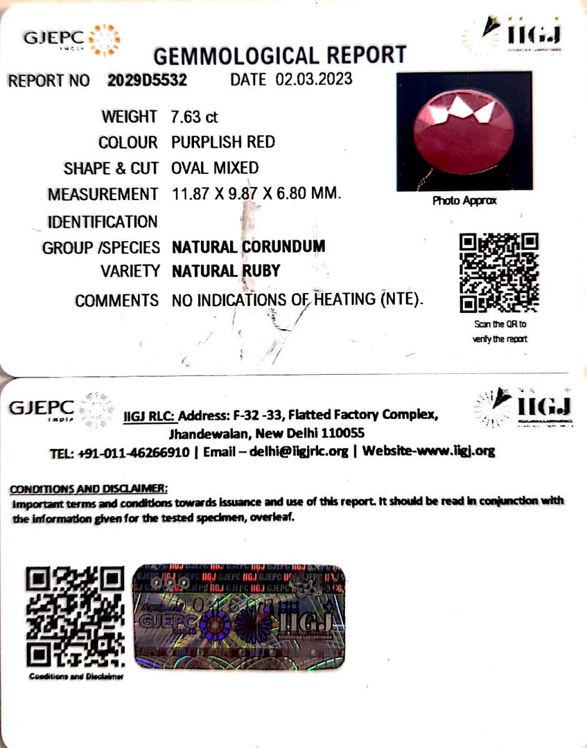 7.63/CT Natural Mozambique Ruby with Govt. Lab Certificate-RUBY9T
