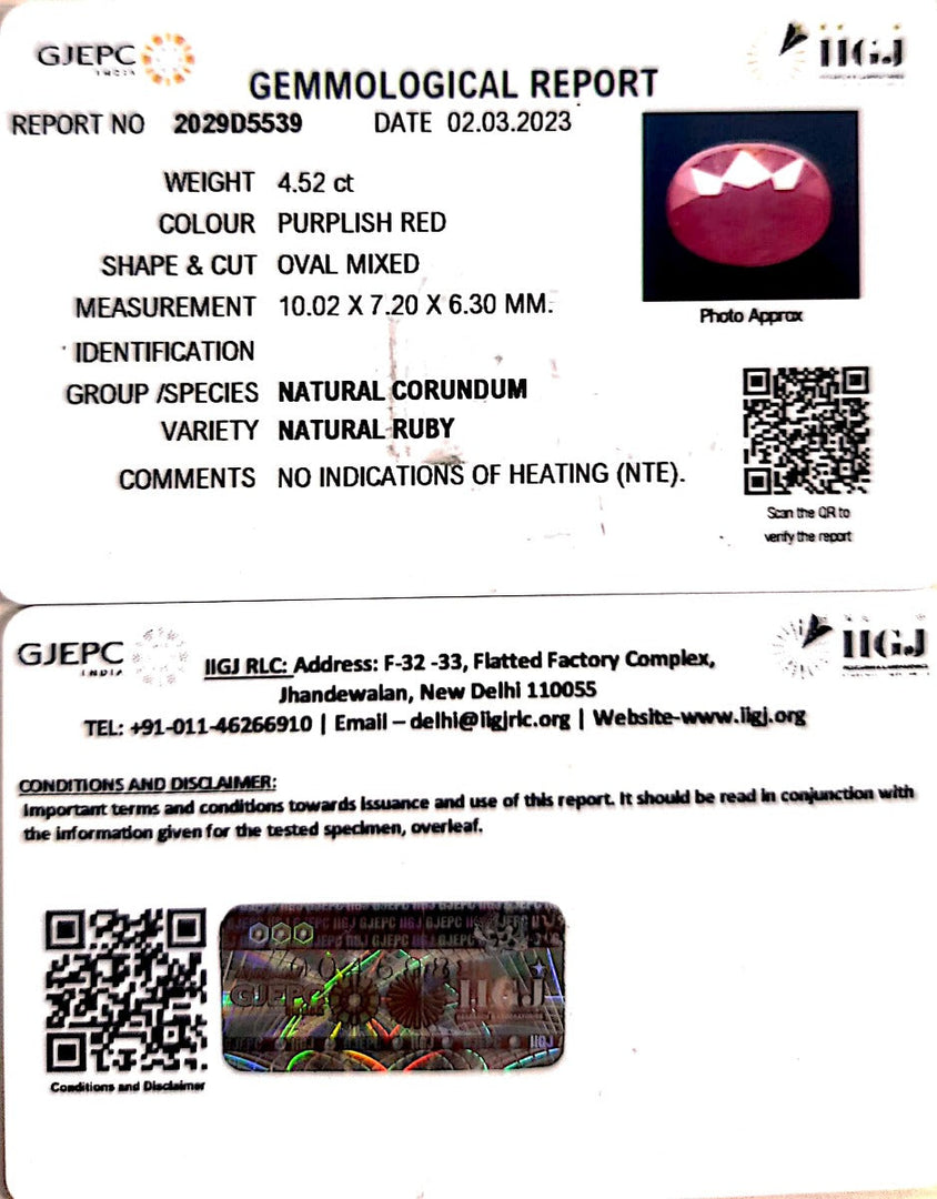 4.52/CT Natural Mozambique Ruby with Govt. Lab Certificate-RUBY9T