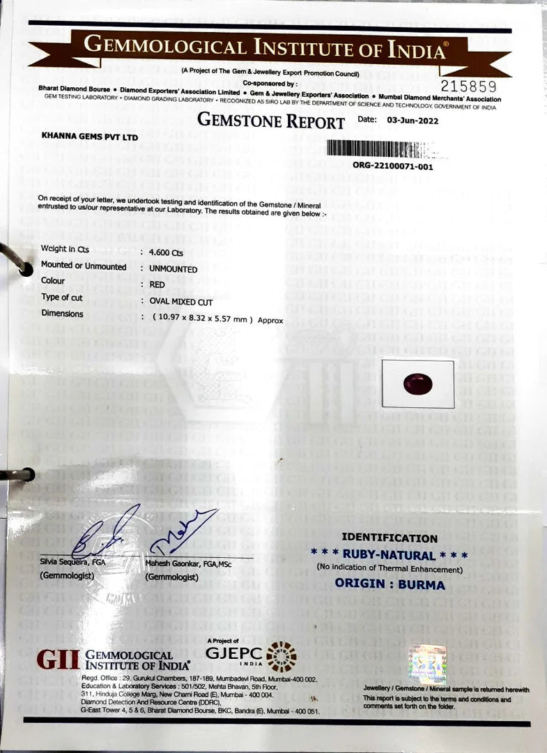 4.60/CT Natural Old Burma Ruby with IIGJ Govt. Lab Certificate-215859