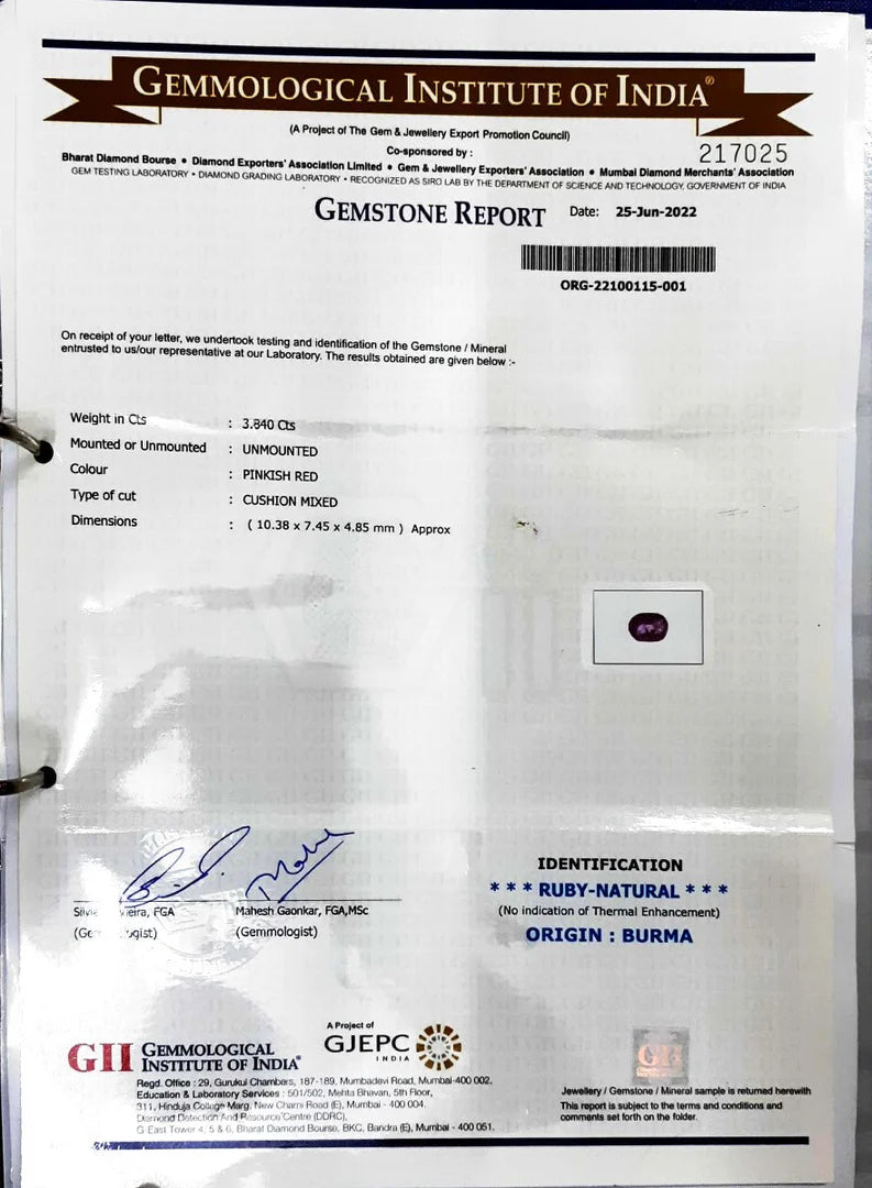 3.84/CT Natural Old Burma Ruby with IIGJ Govt. Lab Certificate-217025